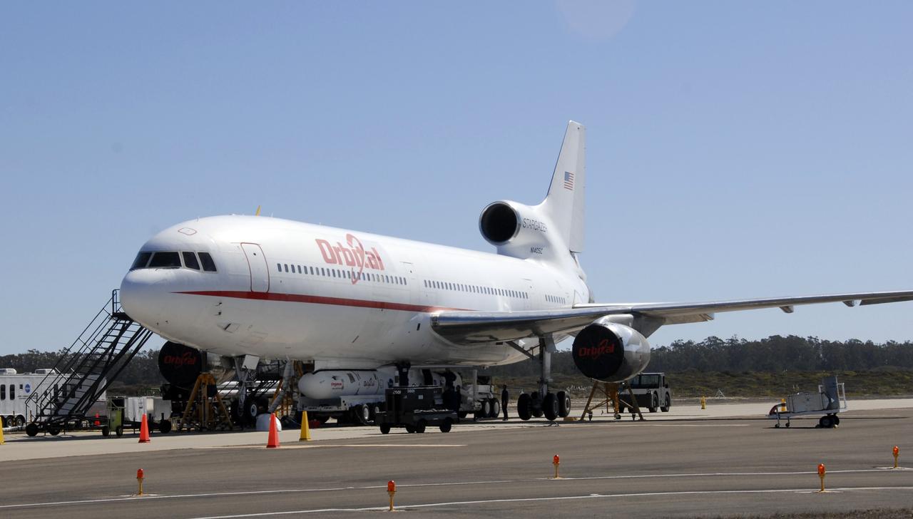 VANDENBERG AIR FORCE BASE, Fla. -- NASA’s Interstellar Boundary Explorer, or IBEX, spacecraft and mated Pegasus XL rocket are being attached to Orbital Sciences’ L-1011 aircraft for launch. IBEX is targeted for launch from the Kwajalein Atoll, a part of the Marshall Islands in the Pacific Ocean, on Oct. 19. IBEX will be launched aboard the Pegasus rocket dropped from under the wing of the L-1011 aircraft flying over the Pacific Ocean. The Pegasus will carry the spacecraft approximately 130 miles above Earth and place it in orbit. The IBEX satellite will make the first map of the boundary between the Solar System and interstellar space. Photo credit: NASA/Mark Mackley, VAFB