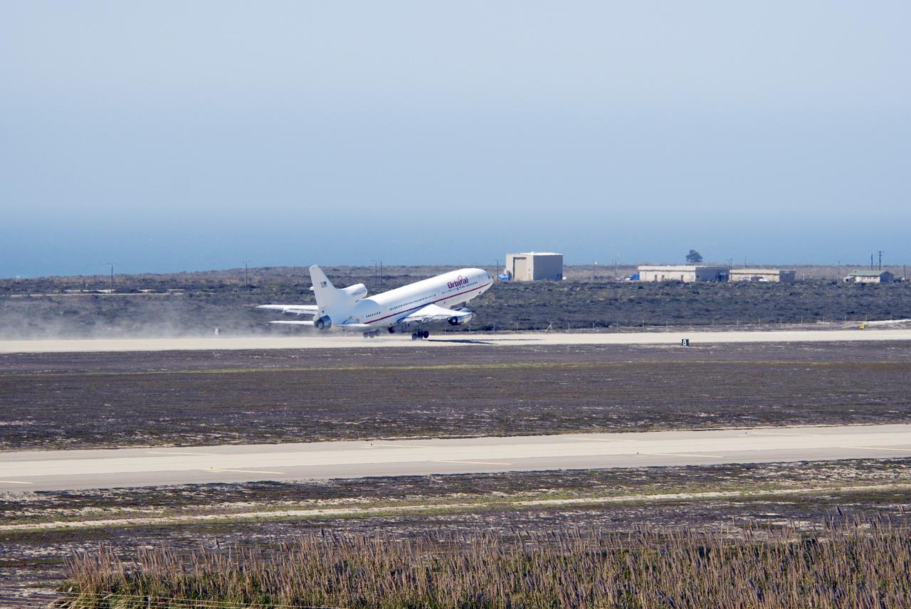VANDENBERG AIR FORCE BASE, Calif. –    Orbital Sciences’ L-1011 aircraft takes off from Vandenberg Air Force Base in California for the Kwajalein Atoll, a part of the Marshall Islands in the Pacific Ocean.  Under its wing is NASA’s Interstellar Boundary Explorer, or IBEX, spacecraft and Pegasus XL rocket. Departing from Kwajalein, the Pegasus rocket will be dropped from under the wing of the L-1011 over the Pacific Ocean to carry the spacecraft approximately 130 miles above Earth and place it in orbit.  Then, the spacecraft’s own engine will boost it to its final high-altitude orbit (about 200,000 miles high) — most of the way to the Moon. The IBEX satellite will make the first map of the boundary between the Solar System and interstellar space.  IBEX science will be led by the Southwest Research Institute of San Antonio, Texas.  IBEX is targeted for launch over the Pacific Oct. 19.   Photo credit: NASA/Randy Beaudoin, VAFB