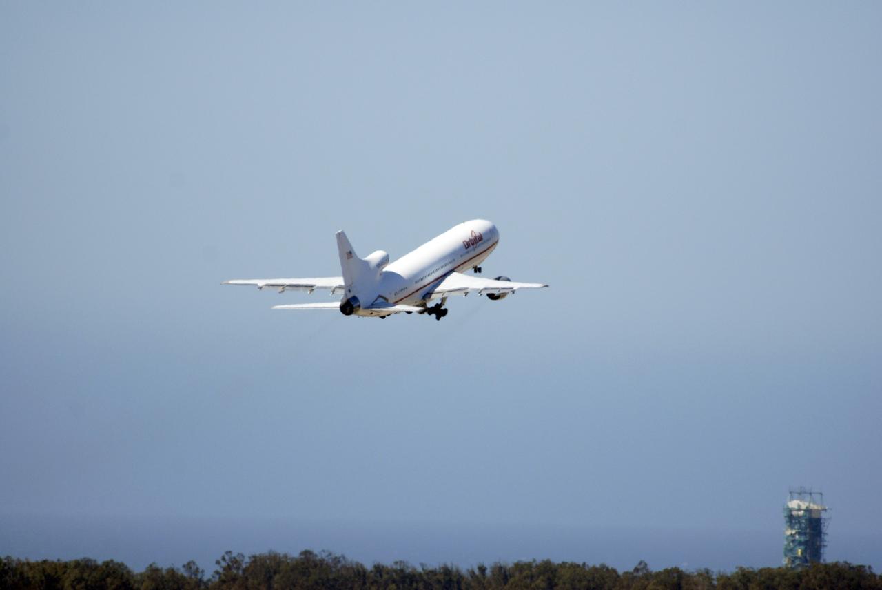 VANDENBERG AIR FORCE BASE, Calif. –  Orbital Sciences’ L-1011 aircraft takes off from Vandenberg Air Force Base in California for the Kwajalein Atoll, a part of the Marshall Islands in the Pacific Ocean.  Under its wing is NASA’s Interstellar Boundary Explorer, or IBEX, spacecraft and Pegasus XL rocket.  Departing from Kwajalein, the Pegasus rocket will be dropped from under the wing of the L-1011 over the Pacific Ocean to carry the spacecraft approximately 130 miles above Earth and place it in orbit.  Then, the spacecraft’s own engine will boost it to its final high-altitude orbit (about 200,000 miles high) — most of the way to the Moon. The IBEX satellite will make the first map of the boundary between the Solar System and interstellar space.  IBEX science will be led by the Southwest Research Institute of San Antonio, Texas.  IBEX is targeted for launch over the Pacific Oct. 19.   Photo credit: NASA/Randy Beaudoin, VAFB