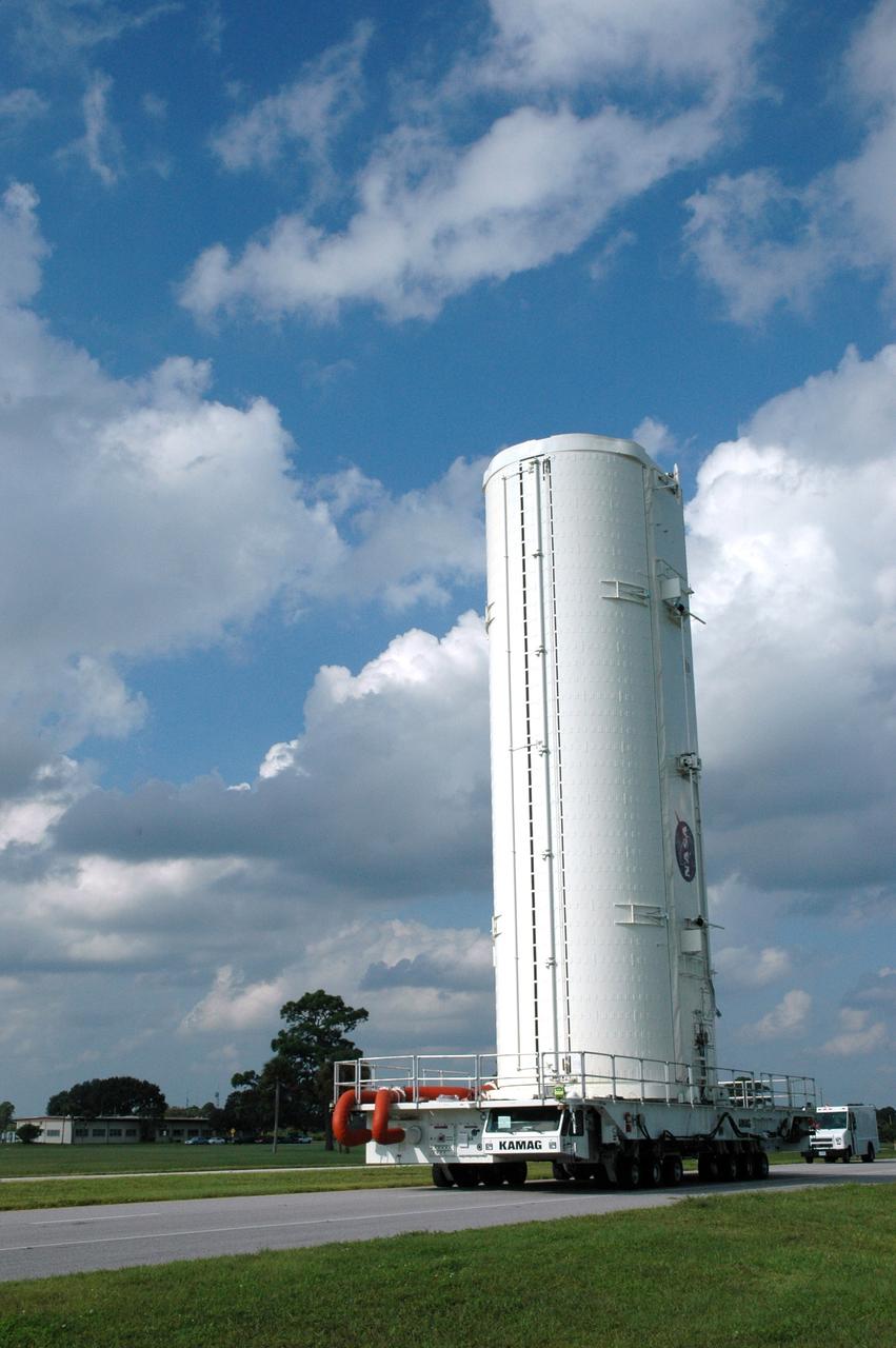 CAPE CANAVERAL, Fla. – On NASA's Kennedy Space Center in Florida, the canister with space shuttle Atlantis’ Hubble Space Telescope payload inside makes its way to the Canister Rotation Facility. The payload comprises four carriers holding various equipment for the mission. After rotation to horizontal, the canister will be transported back to Kennedy’s Payload Hazardous Servicing Facility where the hardware will be stored until a new target launch date can be set for Atlantis’ STS-125 mission in 2009. Atlantis’ October target launch date was delayed after a device on board Hubble used in the storage and transmission of science data to Earth shut down on Sept. 27. Replacing the broken device will be added to Atlantis’ servicing mission to the telescope Photo credit: NASA/Tim Jacobs