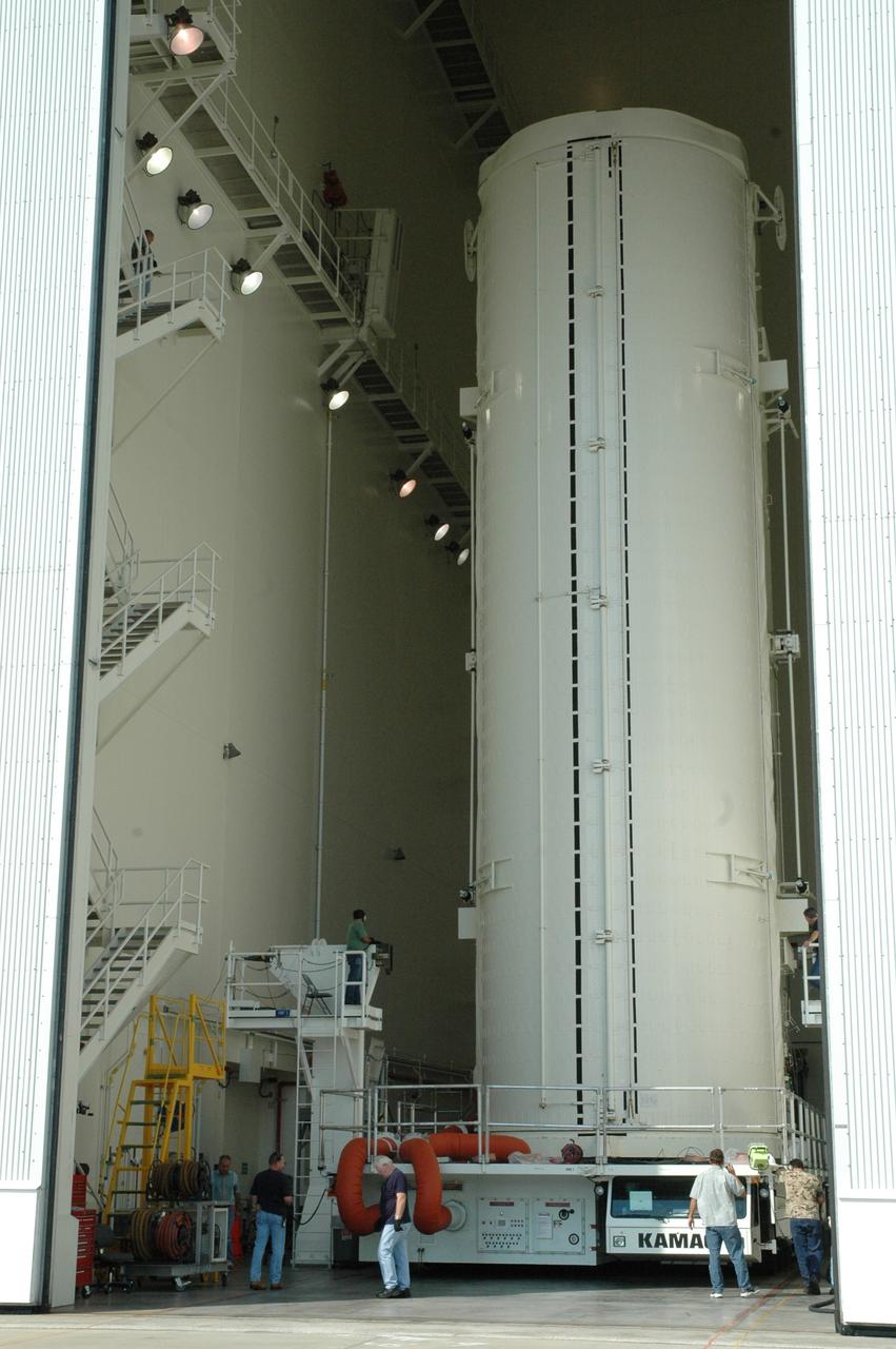 CAPE CANAVERAL, Fla. – On NASA's Kennedy Space Center in Florida, the canister with space shuttle Atlantis’ Hubble Space Telescope payload arrives inside the Canister Rotation Facility. The payload comprises four carriers holding various equipment for the mission. After rotation to horizontal, the canister will be transported back to Kennedy’s Payload Hazardous Servicing Facility where the hardware will be stored until a new target launch date can be set for Atlantis’ STS-125 mission in 2009. Atlantis’ October target launch date was delayed after a device on board Hubble used in the storage and transmission of science data to Earth shut down on Sept. 27. Replacing the broken device will be added to Atlantis’ servicing mission to the telescope Photo credit: NASA/Tim Jacobs