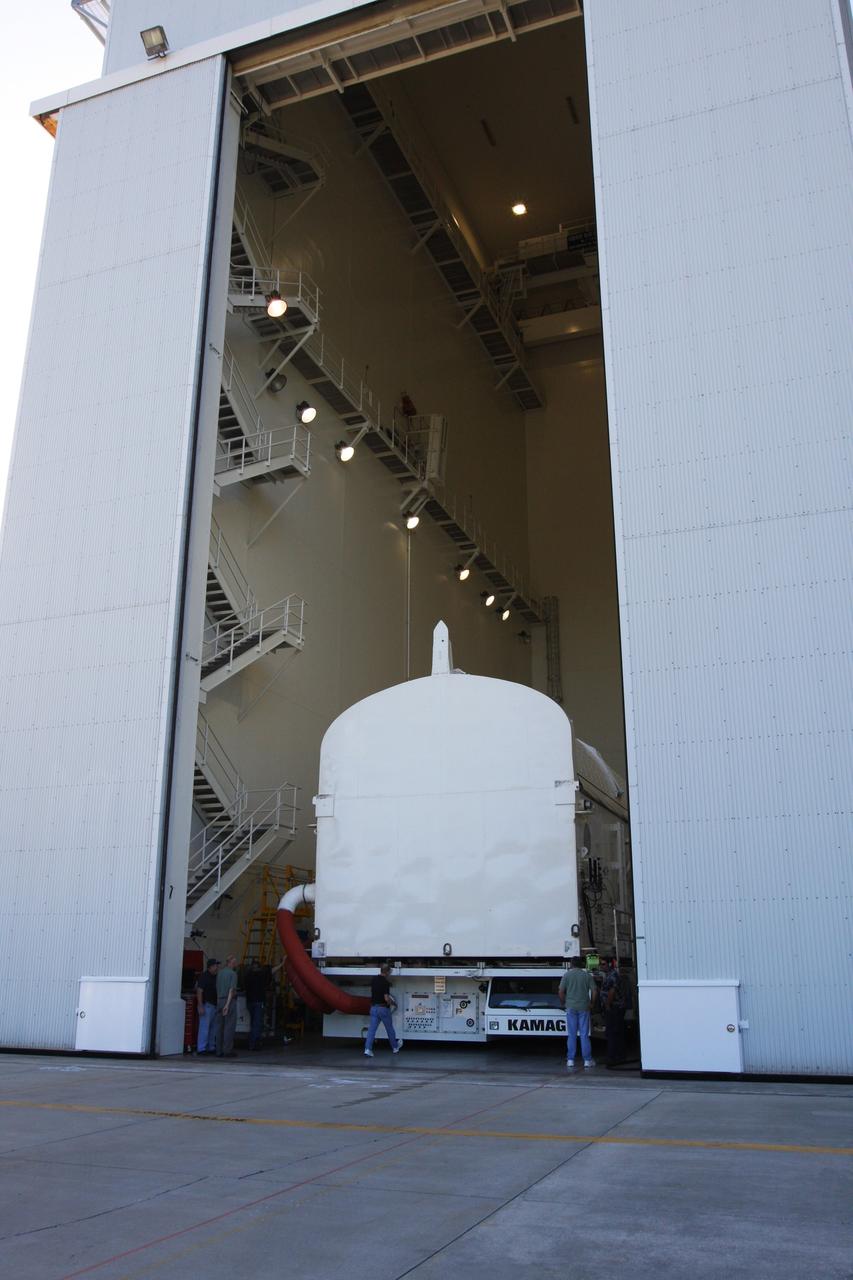 CAPE CANAVERAL, Fla. -   The payload canister containing the payload for space shuttle Endeavour's STS-126 mission rolls into the Canister Rotation Facility at NASA's Kennedy Space Center in Florida.  The canister will be  raised to vertical and then transported to Launch Pad 39A.  At the pad, the payload canister will release its cargo into the Payload Changeout Room.  Later, the payload will be installed in Endeavour's payload bay.  Endeavour is targeted for launch on Nov. 14.  Photo credit: NASA/Troy Cryder