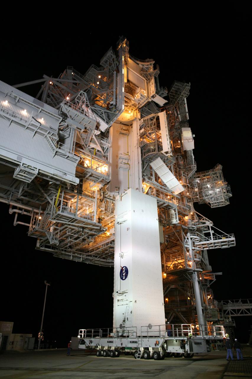 CAPE CANAVERAL, Fla. -    On Launch Pad 39A at NASA's Kennedy Space Center in Florida, the payload canister with space shuttle Endeavour's STS-126 mission payload inside is in place to be lifted into the Payload Changeout Room, or PCR, above.  Inside the canister are the Multi-Purpose Logistics Module Leonardo and the Lightweight Multi-Purpose Experiment Support Structure Carrier.  The payload canister will release its cargo into the PCR.  Later, the payload will be installed in Endeavour's payload bay.  Endeavour is targeted for launch on Nov. 14.  Photo credit: NASA/Dimitri Gerondidakis