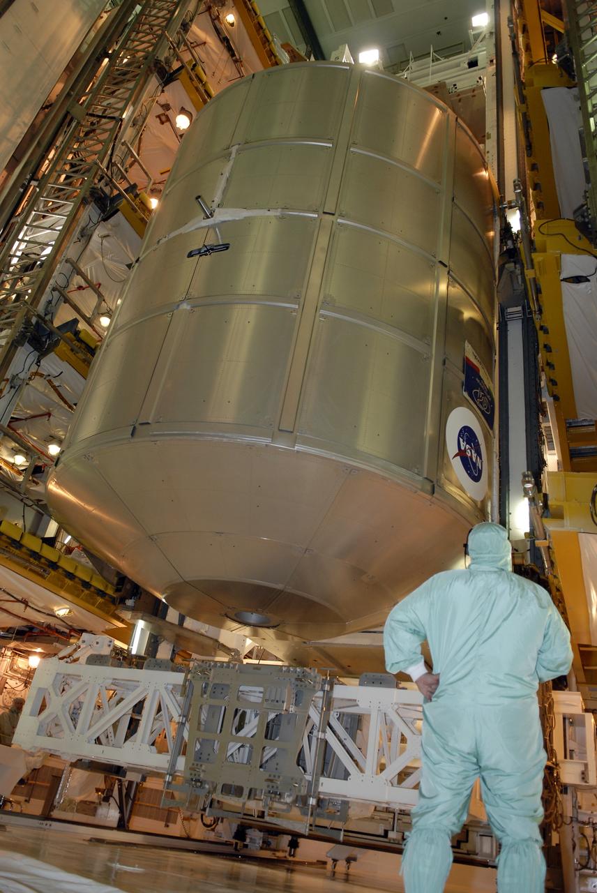 CAPE CANAVERAL, Fla. -  In the Payload Changeout Room, or PCR, on Launch Pad 39A at NASA's Kennedy Space Center in Florida, space shuttle Endeavour's STS-126 mission payload is transferred from the payload canister into the PCR.  Seen here is the Multi-Purpose Logistics Module Leonardo. The payload later will be installed in Endeavour's payload bay.  Endeavour is targeted for launch on Nov. 14. Photo credit: NASA/Kim Shiflett