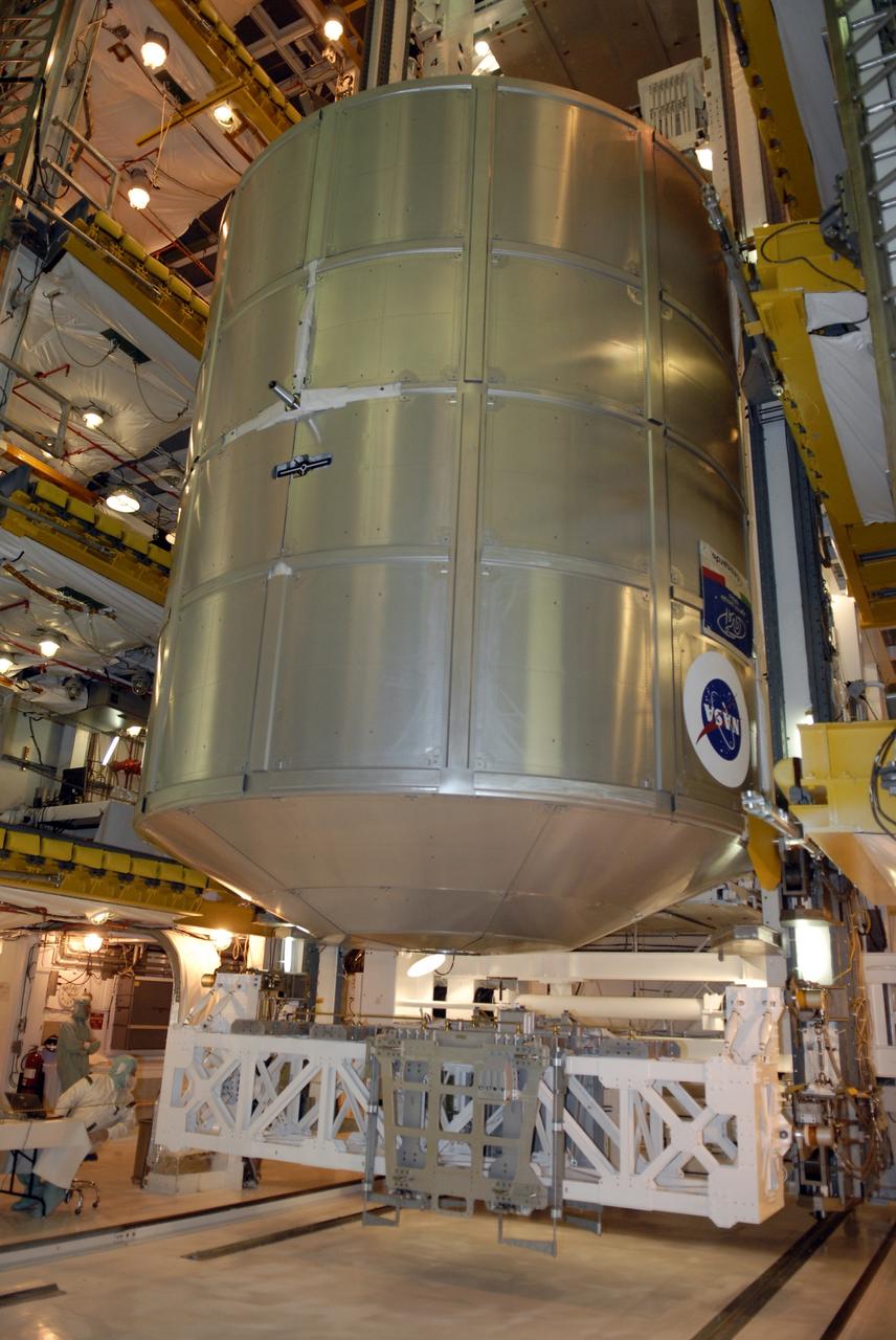 CAPE CANAVERAL, Fla. -  In the Payload Changeout Room, or PCR, on Launch Pad 39A at NASA's Kennedy Space Center in Florida, space shuttle Endeavour's STS-126 mission payload is transferred from the payload canister into the PCR.  Seen here is the Multi-Purpose Logistics Module Leonardo.  The payload later will be installed in Endeavour's payload bay.  Endeavour is targeted for launch on Nov. 14. Photo credit: NASA/Kim Shiflett