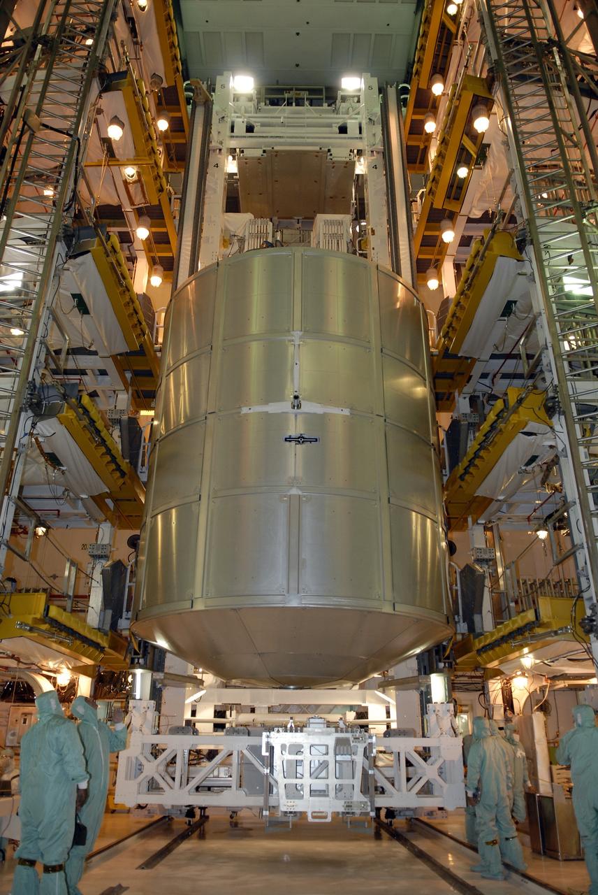 CAPE CANAVERAL, Fla. -  In the Payload Changeout Room, or PCR, on Launch Pad 39A at NASA's Kennedy Space Center in Florida, space shuttle Endeavour's STS-126 mission payload is transferred from the payload canister into the PCR.  Seen here is the Multi-Purpose Logistics Module Leonardo. The payload later will be installed in Endeavour's payload bay.  Endeavour is targeted for launch on Nov. 14. Photo credit: NASA/Kim Shiflett