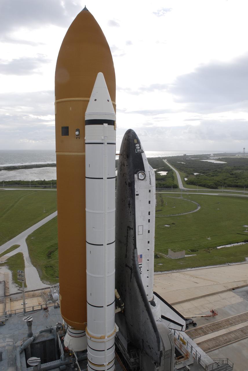 CAPE CANAVERAL, Fla. - At NASA's Kennedy Space Center in Florida, space shuttle Endeavour is rolling off Launch Pad 39B for the 3.4-mile rollaround to Launch Pad 39A. First motion was at 8:28 a.m. EDT. Endeavour is targeted to launch Nov. 14 on the STS-126 mission. On this 27th mission to the International Space Station, Endeavour will carry the Lightweight Multi-Purpose Experiment Support Structure Carrier and the Multi-Purpose Logistics Module Leonardo that will hold supplies and equipment, including additional crew quarters, additional exercise equipment, spare hardware and equipment for the regenerative life support system. Photo credit: NASA/Kim Shiflett