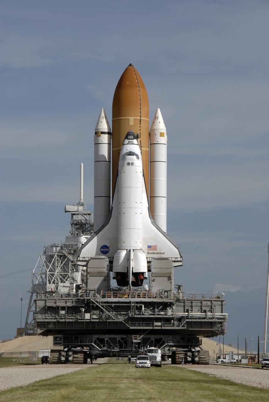 CAPE CANAVERAL, Fla. - At NASA's Kennedy Space Center in Florida, the crawler-transporter beneath space shuttle Endeavour and the mobile launcher platform makes its slow journey from Launch Pad 39B to Launch Pad 39A, a 3.4-mile trip. First motion was at 8:28 a.m. EDT. Endeavour is targeted to launch Nov. 14 on the STS-126 mission. On this 27th mission to the International Space Station, Endeavour will carry the Lightweight Multi-Purpose Experiment Support Structure Carrier and the Multi-Purpose Logistics Module Leonardo that will hold supplies and equipment, including additional crew quarters, additional exercise equipment, spare hardware and equipment for the regenerative life support system. Photo credit: NASA/Kim Shiflett