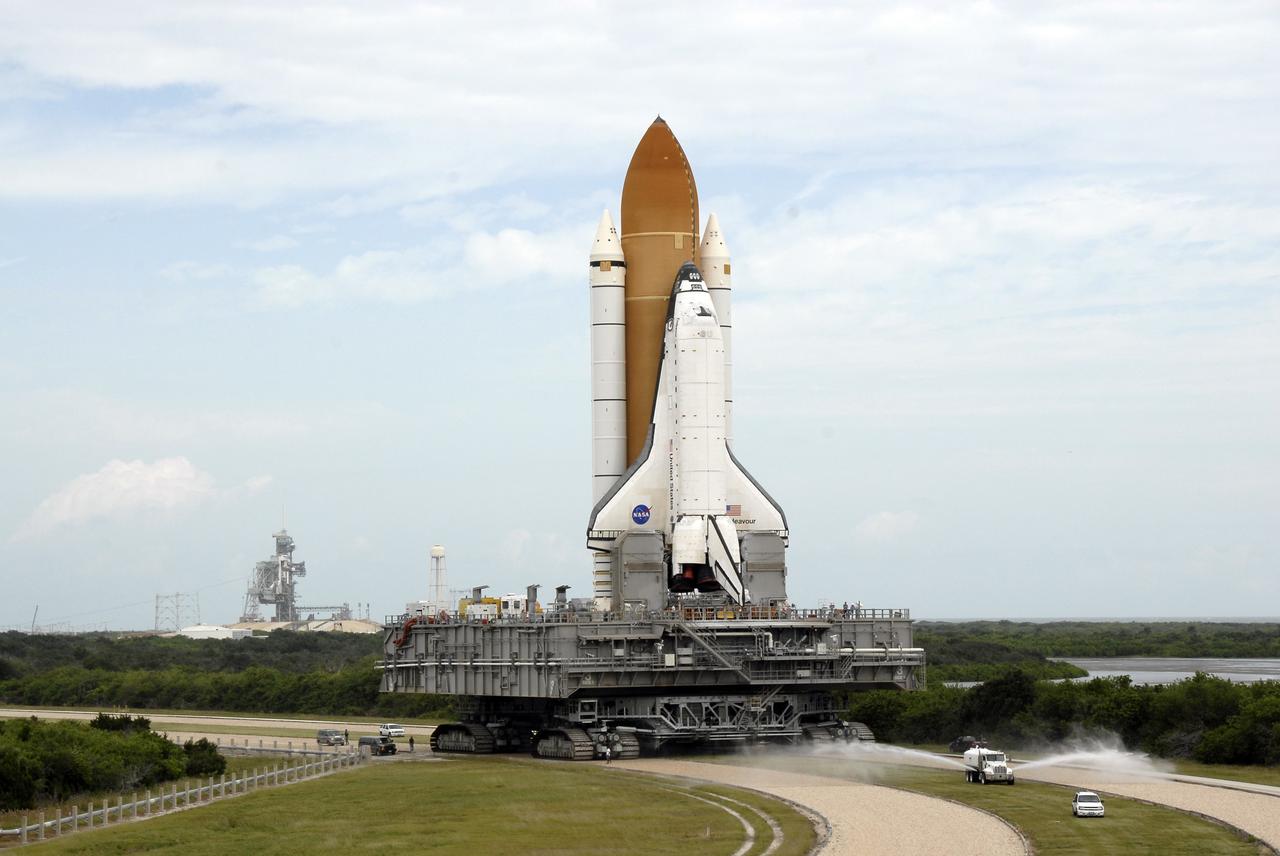 CAPE CANAVERAL, Fla. - At NASA's Kennedy Space Center in Florida, space shuttle Endeavour turns toward Launch Pad 39A after rolling off Launch Pad 39B. First motion from pad 39B was at 8:28 a.m. EDT. Endeavour is targeted to launch Nov. 14 on the STS-126 mission. On this 27th mission to the International Space Station, Endeavour will carry the Lightweight Multi-Purpose Experiment Support Structure Carrier and the Multi-Purpose Logistics Module Leonardo that will hold supplies and equipment, including additional crew quarters, additional exercise equipment, spare hardware and equipment for the regenerative life support system. Photo credit: NASA/Kim Shiflett