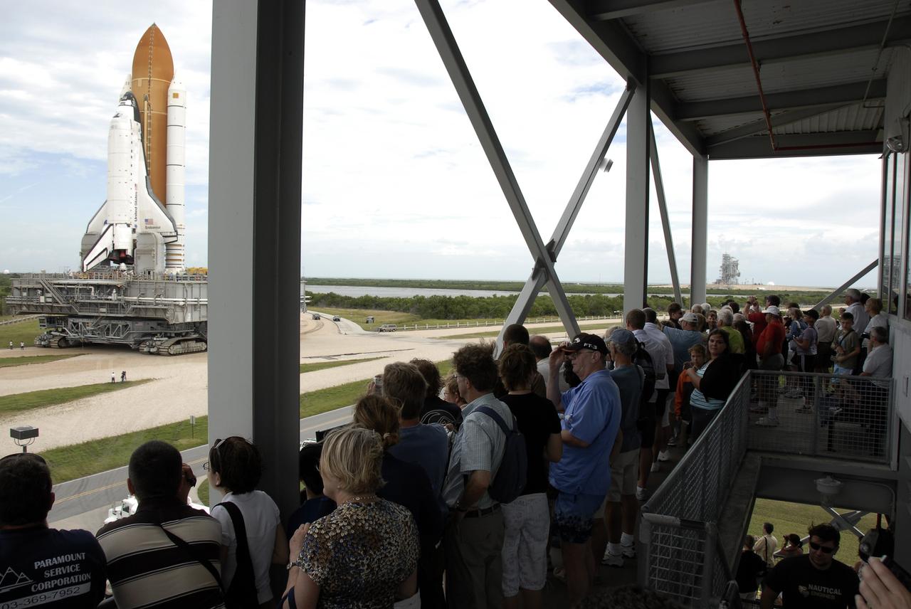 CAPE CANAVERAL, Fla. - At NASA's Kennedy Space Center in Florida, visitors are able to see the rare event of a rollaround as space shuttle Endeavour moves away from Launch Pad 39B and turns toward Launch Pad 39A. First motion from pad 39B was at 8:28 a.m. EDT. Endeavour is targeted to launch Nov. 14 on the STS-126 mission. On this 27th mission to the International Space Station, Endeavour will carry the Lightweight Multi-Purpose Experiment Support Structure Carrier and the Multi-Purpose Logistics Module Leonardo that will hold supplies and equipment, including additional crew quarters, additional exercise equipment, spare hardware and equipment for the regenerative life support system. Photo credit: NASA/Kim Shiflett