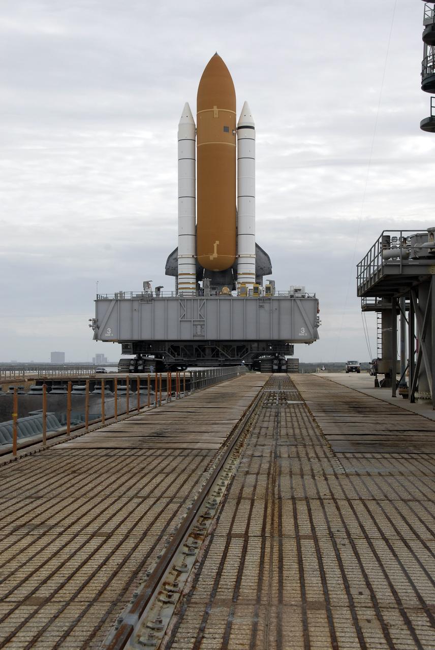 CAPE CANAVERAL, Fla. -  At NASA's Kennedy Space Center in Florida, space shuttle Endeavour rolls onto Launch Pad 39A after rolling around from launch Pad 39B.  The shuttle moved off Launch Pad 39B starting at 8:28 am. EDT and completed its move to Launch Pad 39A at 4:37 p.m. Endeavour is targeted to launch Nov. 14 on the STS-126 mission. On this 27th mission to the International Space Station, Endeavour will carry the Lightweight Multi-Purpose Experiment Support Structure Carrier and the Multi-Purpose Logistics Module Leonardo that will hold supplies and equipment, including additional crew quarters, additional exercise equipment, spare hardware and equipment for the regenerative life support system.  Photo credit: NASA/Kim Shiflett