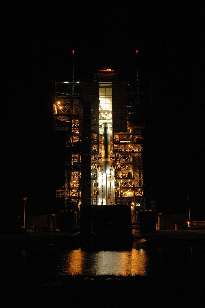 CAPE CANAVERAL, Fla. – On Launch Pad 17-B at Cape Canaveral Air Force Station in Florida, the first stage of the Delta 2 launch vehicle that will carry the Kepler spacecraft into orbit is illuminated on the pad. The Kepler mission is specifically designed to survey our region of the Milky Way galaxy to discover hundreds of Earth-size and smaller planets in or near the habitable zone and determine how many of the billions of stars in our galaxy have such planets. Results from this mission will allow us to place our solar system within the continuum of planetary systems in the Galaxy. NASA's planet-hunting Kepler mission is scheduled to launch no earlier than March 5, 2009. Photo credit: NASA/Jim Grossmann