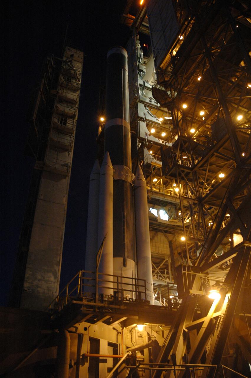 CAPE CANAVERAL, Fla. – On Launch Pad 17-B at Cape Canaveral Air Force Station in Florida, the first stage of the Delta 2 launch vehicle that will carry the Kepler spacecraft into orbit waits for the installation of the final solid rocket boosters. The Kepler mission is specifically designed to survey our region of the Milky Way galaxy to discover hundreds of Earth-size and smaller planets in or near the habitable zone and determine how many of the billions of stars in our galaxy have such planets. Results from this mission will allow us to place our solar system within the continuum of planetary systems in the Galaxy. NASA's planet-hunting Kepler mission is scheduled to launch no earlier than March 5, 2009. Photo credit: NASA/Jim Grossmann