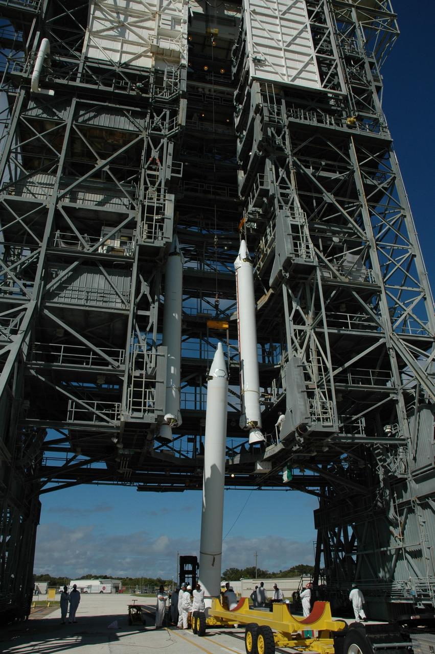 CAPE CANAVERAL, Fla. – On Launch Pad 17-B at Cape Canaveral Air Force Station in Florida, the final solid rocket booster is ready to be lifted into the mobile service tower, joining two others that will be mated to the first stage of the Kepler's Delta 2 launch vehicle. The Kepler mission is specifically designed to survey our region of the Milky Way galaxy to discover hundreds of Earth-size and smaller planets in or near the habitable zone and determine how many of the billions of stars in our galaxy have such planets. Results from this mission will allow us to place our solar system within the continuum of planetary systems in the Galaxy. NASA's planet-hunting Kepler mission is scheduled to launch no earlier than March 5, 2009. Photo credit: NASA/Jim Grossmann