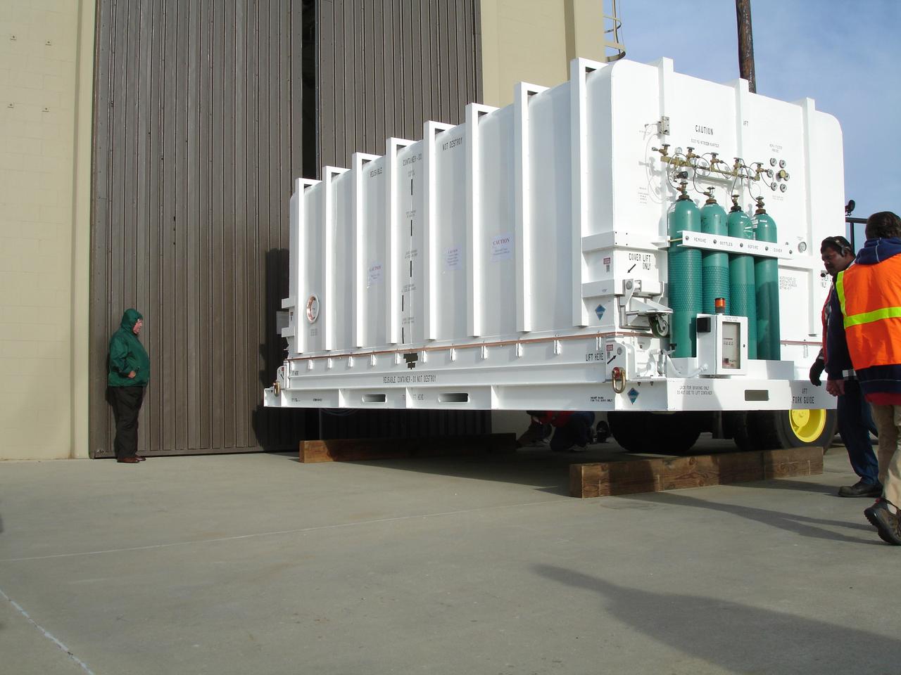 VANDENBERG AIR FORCE BASE, Calif. – The NOAA-N Prime spacecraft is positioned for movement into NASA's Hazardous Processing Facility on Vandenberg Air Force Base in California. NOAA-N Prime was built by Lockheed Martin Space Systems Company for its Advanced Television Infrared Observational Satellites -N series. It is the latest polar-orbiting operational environmental weather satellite developed by NASA for the National Oceanic and Atmospheric Administration. The satellite will provide a platform to support environmental monitoring instruments for imaging and measuring the Earth's atmosphere, its surface and cloud cover, including Earth radiation, atmospheric ozone, aerosol distribution, sea surface temperature and vertical temperature and water profiles in the troposphere and stratosphere. The satellite will assist in measuring proton and electron fluxes at orbit altitude, collecting data from remote platforms to assist the Search and Rescue Satellite-Aided Tracking system. The satellite will be launched from the Western Range at Vandenberg AFB by a United Launch Alliance two-stage Delta II rocket managed by NASA's Launch Service Program at Kennedy. Photo credit: NASA/Jerry Nagy, VAFB