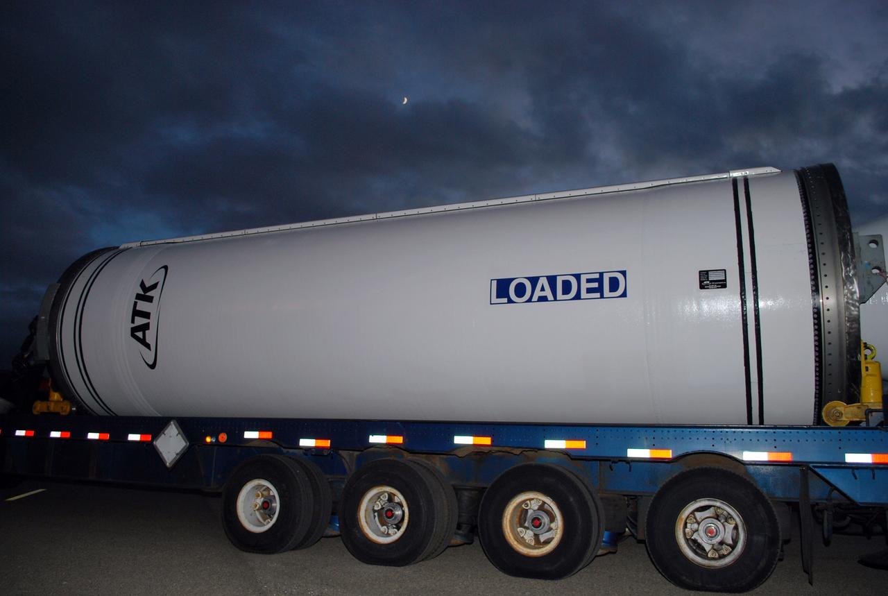 VANDENBERG AIR FORCE BASE, Calif. –   After its arrival at Vandenberg Air Force Base in California, the Taurus XL Stage 0 motor is transported to Orbital Sciences' Hangar 1555. The Taurus XL will launch NASA's Orbiting Carbon Observatory, or OCO, spacecraft targeted for Jan. 15.  The OCO is a new Earth-orbiting mission sponsored by NASA's Earth System Science Pathfinder Program. Photo credit: NASA/Randy Beaudoin, VAFB