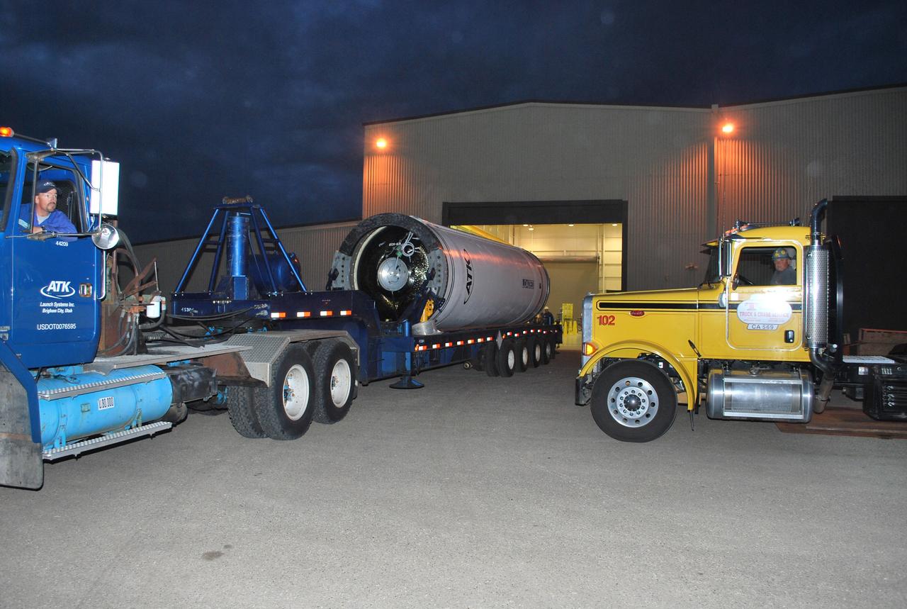 VANDENBERG AIR FORCE BASE, Calif. –   The Taurus XL Stage 0 motor is moved into Orbital Sciences' Hangar 1555 at Vandenberg Air Force Base in California. The Taurus XL will launch NASA's Orbiting Carbon Observatory, or OCO, spacecraft targeted for Jan. 15.  The OCO is a new Earth-orbiting mission sponsored by NASA's Earth System Science Pathfinder Program. Photo credit: NASA/Randy Beaudoin, VAFB