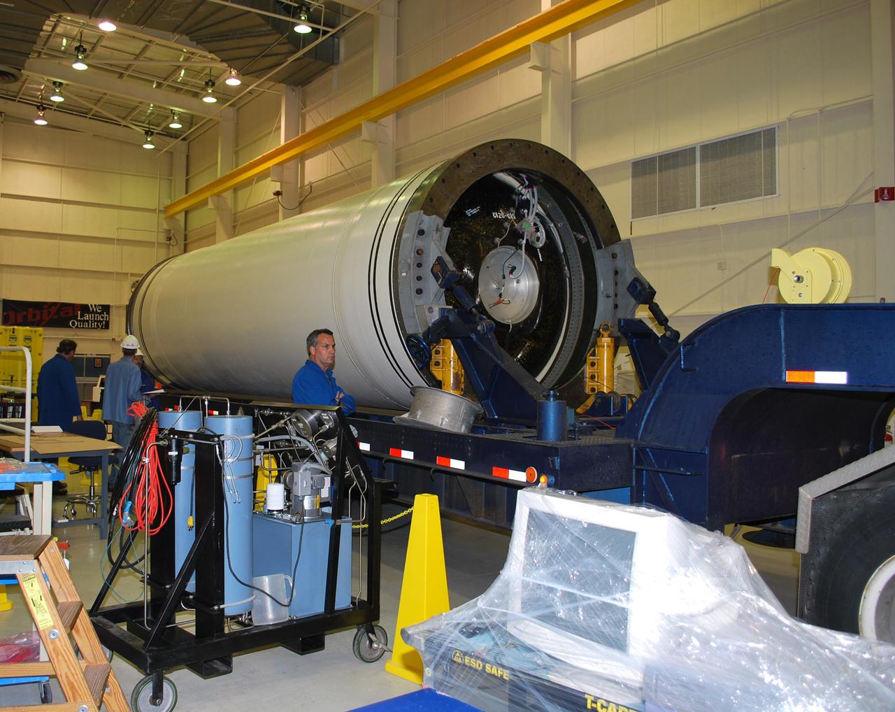 VANDENBERG AIR FORCE BASE, Calif. – The Taurus XL Stage 0 motor has been moved into Orbital Sciences' Hangar 1555 at Vandenberg Air Force Base in California. The Taurus XL will launch NASA's Orbiting Carbon Observatory, or OCO, spacecraft targeted for Jan. 15.  The OCO is a new Earth-orbiting mission sponsored by NASA's Earth System Science Pathfinder Program. Photo credit: NASA/Randy Beaudoin, VAFB