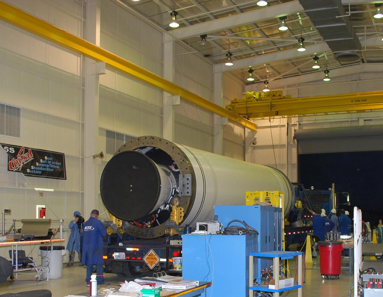 VANDENBERG AIR FORCE BASE, Calif. – The Taurus XL Stage 0 motor has been moved into Orbital Sciences' Hangar 1555 at Vandenberg Air Force Base in California. The Taurus XL will launch NASA's Orbiting Carbon Observatory, or OCO, spacecraft targeted for Jan. 15.  The OCO is a new Earth-orbiting mission sponsored by NASA's Earth System Science Pathfinder Program. Photo credit: NASA/Randy Beaudoin, VAFB