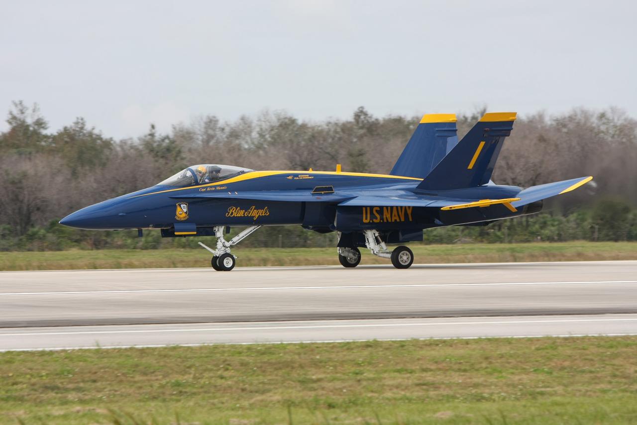 CAPE CANAVERAL, Fla. –  The U.S. Navy's Blue Angels F/A-18 jet No. 1 lands on the runway at NASA's Kennedy Space Center in Florida.  The Blue Angels are at Kennedy to perform in the Kennedy Space Center Visitor Complex Space and Air Show Nov. 8-9. The Navy's elite flight demonstration squadron will take to the skies in military aircraft demonstrations by the F-16 Fighting Falcon and F/A-18 Super Hornet jets for the second annual Space & Air Show at Kennedy. This year’s show brings together the best in military aircraft, coupled with precision pilots and veteran astronauts to celebrate spaceflight and aviation. The event includes military aircraft demonstrations by the F-16 Fighting Falcon and a water rescue demonstration by the 920th Rescue Wing. Photo credit: NASA/Kim Shiflett