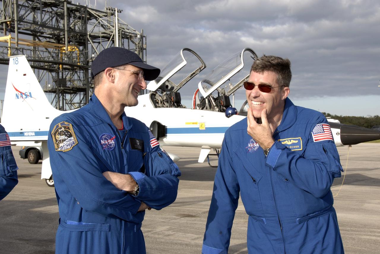 CAPE CANAVERAL, Fla. – The crew members for the STS-126 mission arrive at NASA's Kennedy Space Center in Florida to prepare for launch. At left is Mission Specialist Donald Pettit; at right is Mission Specialist Steve Bowen. Pettit will be making his second shuttle flight while Bowen will be making his first. STS-126 is the 124th space shuttle flight and the 27th flight to the International Space Station. The mission will feature four spacewalks and important repair work and will prepare the space station to house six crew members for long- duration missions. Liftoff is scheduled for 7:55 p.m. EST Nov. 14. Photo credit: NASA/Kim Shiflett