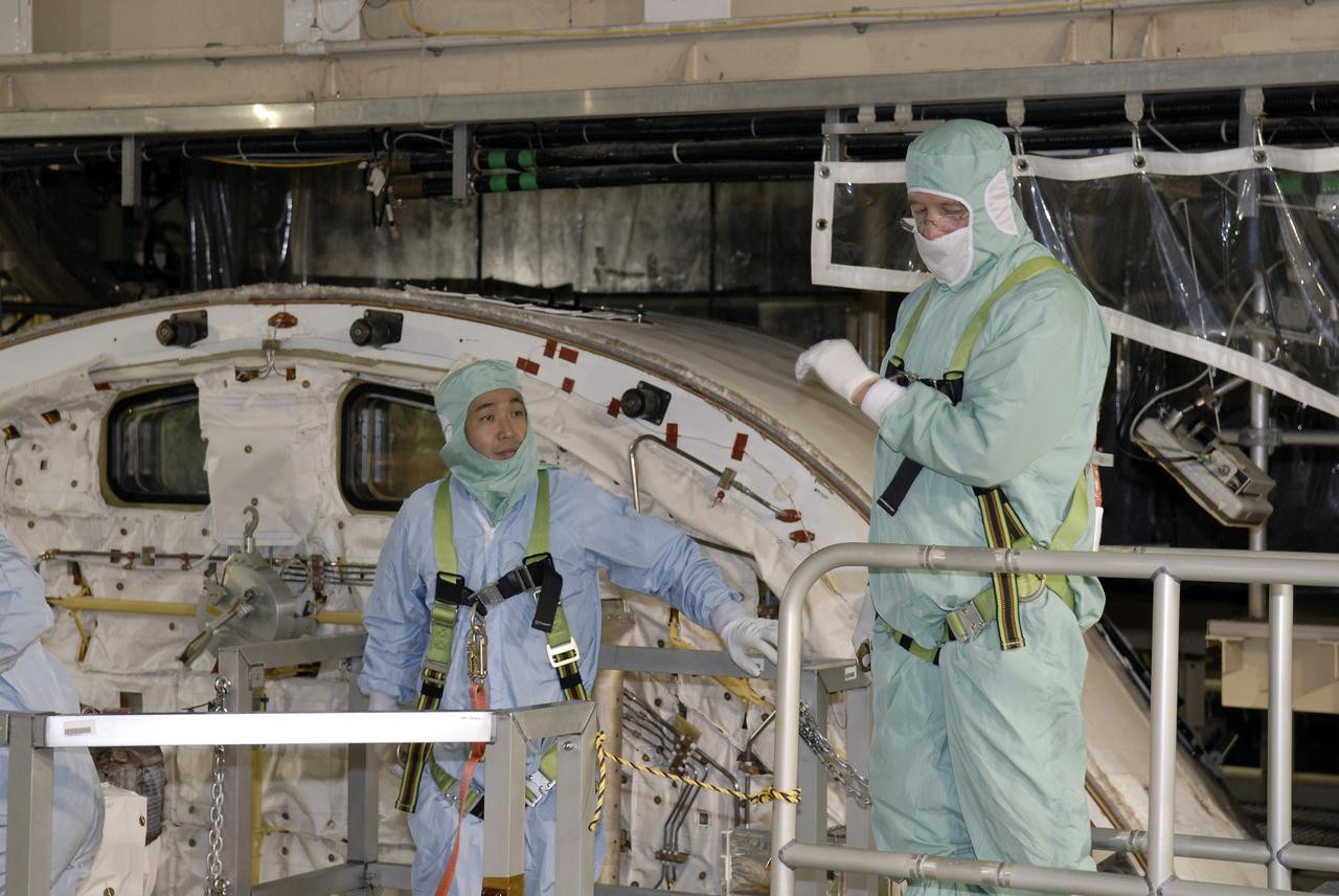 CAPE CANAVERAL, Fla. -- In the Orbiter Processing Facility at NASA's Kennedy Space Center in Florida, STS-119 Mission Specialist Koichi Wakata takes a ride into space shuttle Discovery's payload bay. The crew is at Kennedy for a Crew Equipment Interface Test that provides experience handling tools, equipment and hardware they will use on the mission. On the STS-119 mission, space shuttle Discovery will carry the S6 truss segment to complete the 361-foot-long backbone of the International Space Station. The truss includes the fourth pair of solar array wings and electronics that convert sunlight to power for the orbiting laboratory. Discovery is targeted for launch on Feb. 12, 2009. Photo credit: NASA/Kim Shiflett