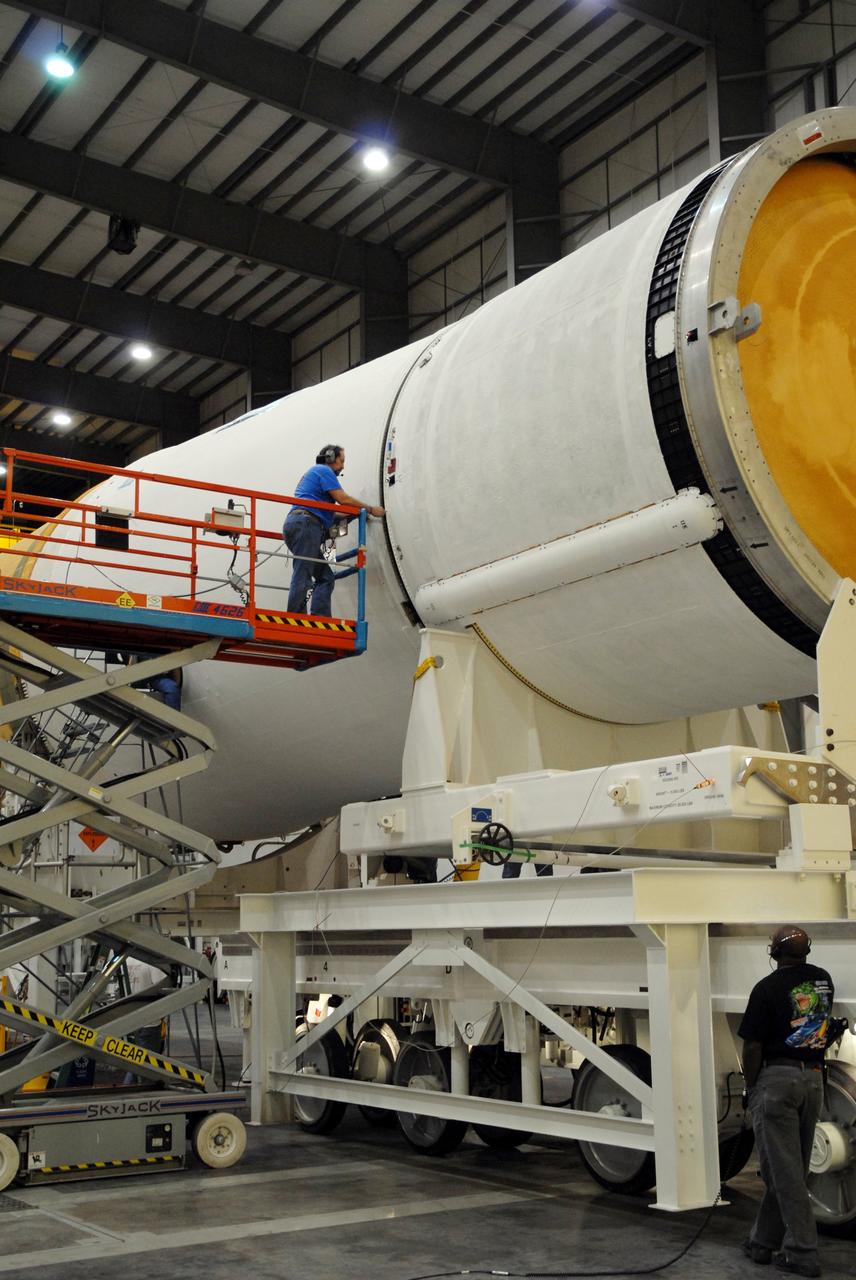CAPE CANAVERAL, Fla. -- The GOES-O/Delta IV second stage is mated to the first stage in the Horizontal Integration Facility on Complex 37 at Cape Canaveral Air Force Station in Florida. GOES–O is one of a series of Geostationary Operational Environmental Satellites. The multi-mission GOES series N-P will be a vital contributor to weather, solar and space operations and science. NASA and the National Oceanic and Atmospheric Administration, or NOAA, are actively engaged in a cooperative program to expand the existing GOES system with the launch of the GOES N-P satellites. Launch of the GOES-O is targeted for no earlier than April 2009. Photo credit: NASA/Jack Pfaller