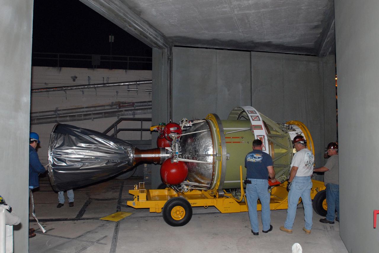 CAPE CANAVERAL, Fla. -- The second stage of the Delta 2 rocket for the launch of NASA's Kepler spacecraft arrives on Complex 17-B at Cape Canaveral Air Force Station in Florida. The second stage will be lifted into the mobile service tower for mating with the first stage. The Kepler mission is specifically designed to survey our region of the Milky Way galaxy to discover hundreds of Earth-size and smaller planets in or near the habitable zone and determine how many of the billions of stars in our galaxy have such planets. Results from this mission will allow us to place our solar system within the continuum of planetary systems in the Galaxy. NASA's planet-hunting Kepler mission is scheduled to launch no earlier than March 5, 2009. Photo credit: NASA/Jim Grossmann