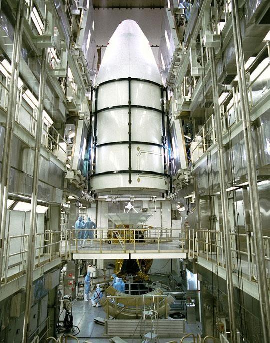The Cassini spacecraft, protected by an environmentally controlled protective fairing, is sitting at Pad 40 at Cape Canaveral Air Station, awaiting its launch scheduled for mid-October atop a Titan IV/Centaur launch vehicle. A fouryear, close-up study of the Saturnian system, the Cassini mission will take seven years for the spacecraft to reach Saturn. Scientific instruments carried aboard the spacecraft will study Saturn’s atmosphere, magnetic field, rings, and several moons. NASA’s Jet Propulsion Laboratory is managing the Cassini project
