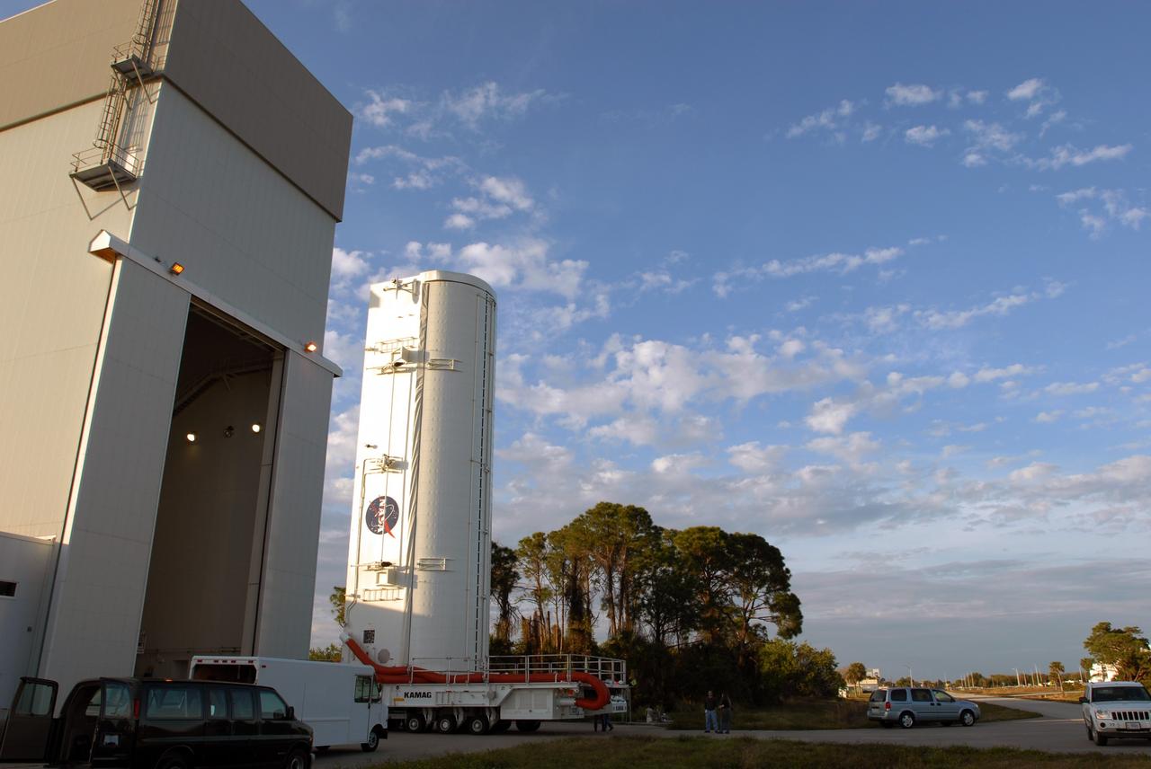 CAPE CANAVERAL, Fla. --  The payload canister containing the S6 truss and solar arrays leaves the Canister Rotation Facility at NASA's Kennedy Space Center in Florida to head for Launch Pad 39A. The truss and arrays are space shuttle Discovery's payload for the STS-119 mission to the International Space Station. Launch of Discovery on the STS-119 mission is scheduled for Feb. 12. During Discovery's 14-day mission, the crew will install the S6 truss segment and its solar arrays to the starboard side of the station, completing the station's backbone, or truss Photo credit: NASA/Jim Grossmann