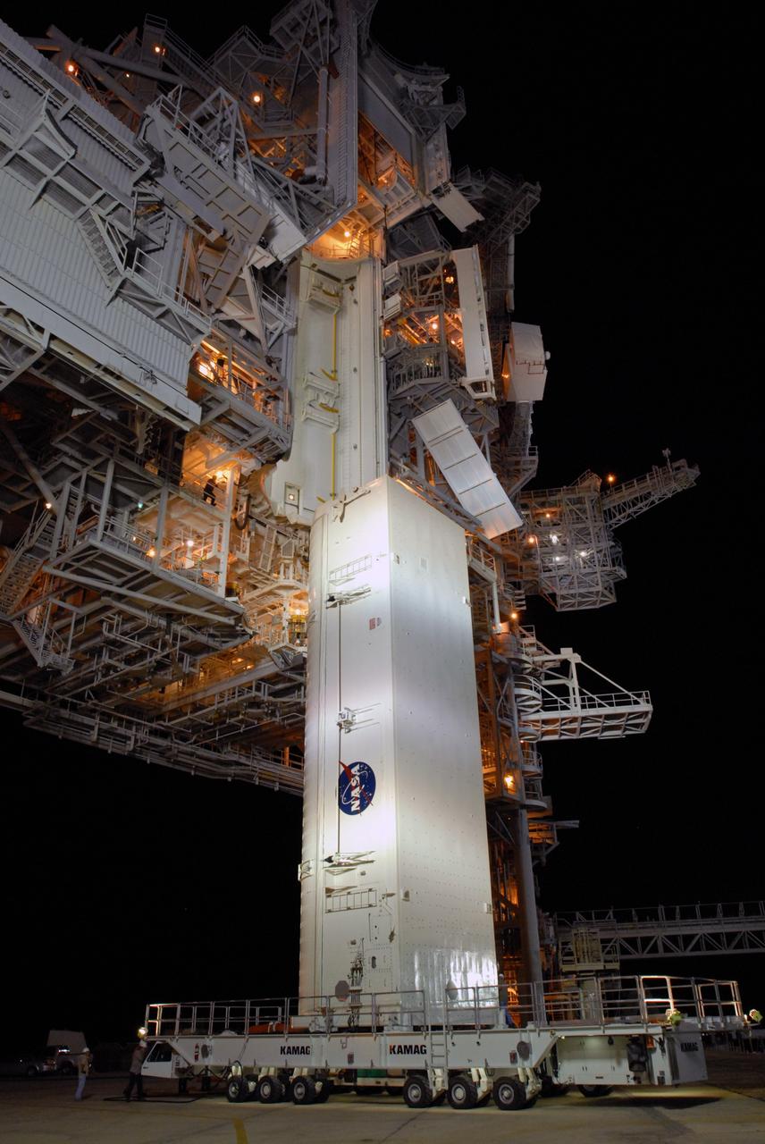 CAPE CANAVERAL, Fla. --  The payload canister containing the S6 truss and solar arrays arrives at Launch Pad 39A at NASA's Kennedy Space Center in Florida. The canister sits below the Payload Changeout Room, or PCR. It will be lifted up to the PCR and space shuttle Discovery's payload transferred inside. After Discovery rolls out to the pad, the payload will be installed in the shuttle's payload bay. Launch of Discovery on the STS-119 mission is scheduled for Feb. 12. During Discovery's 14-day mission, the crew will install the S6 truss segment and its solar arrays to the starboard side of the station, completing the station's backbone, or truss Photo credit: NASA/Jim Grossmann