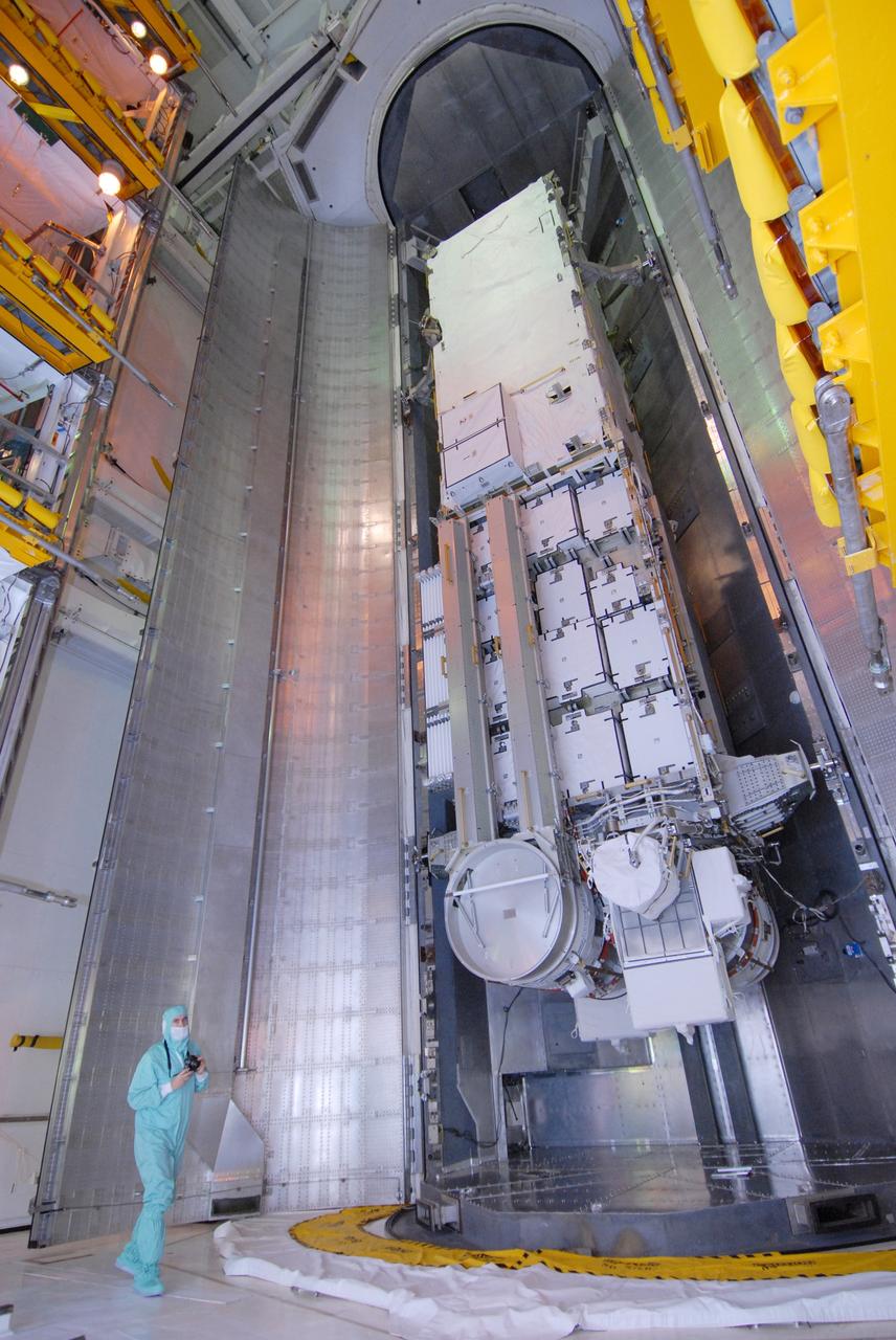 CAPE CANAVERAL, Fla. --  On Launch Pad 39A at NASA's Kennedy Space Center in Florida, the open doors of the payload canister reveal space shuttle Discovery's payload, the integrated truss structure S6 and solar arrays, for the STS-119 mission. The payload will be transferred into the Payload Changeout Room, or PCR. They will be installed in Discovery's payload bay after the shuttle rolls out to the launch pad. Launch of Discovery on the STS-119 mission is scheduled for Feb. 12. During Discovery's 14-day mission, the crew will install the S6 truss segment and its solar arrays to the starboard side of the station, completing the station's backbone, or truss. Photo credit: NASA/Chris Rhodes
