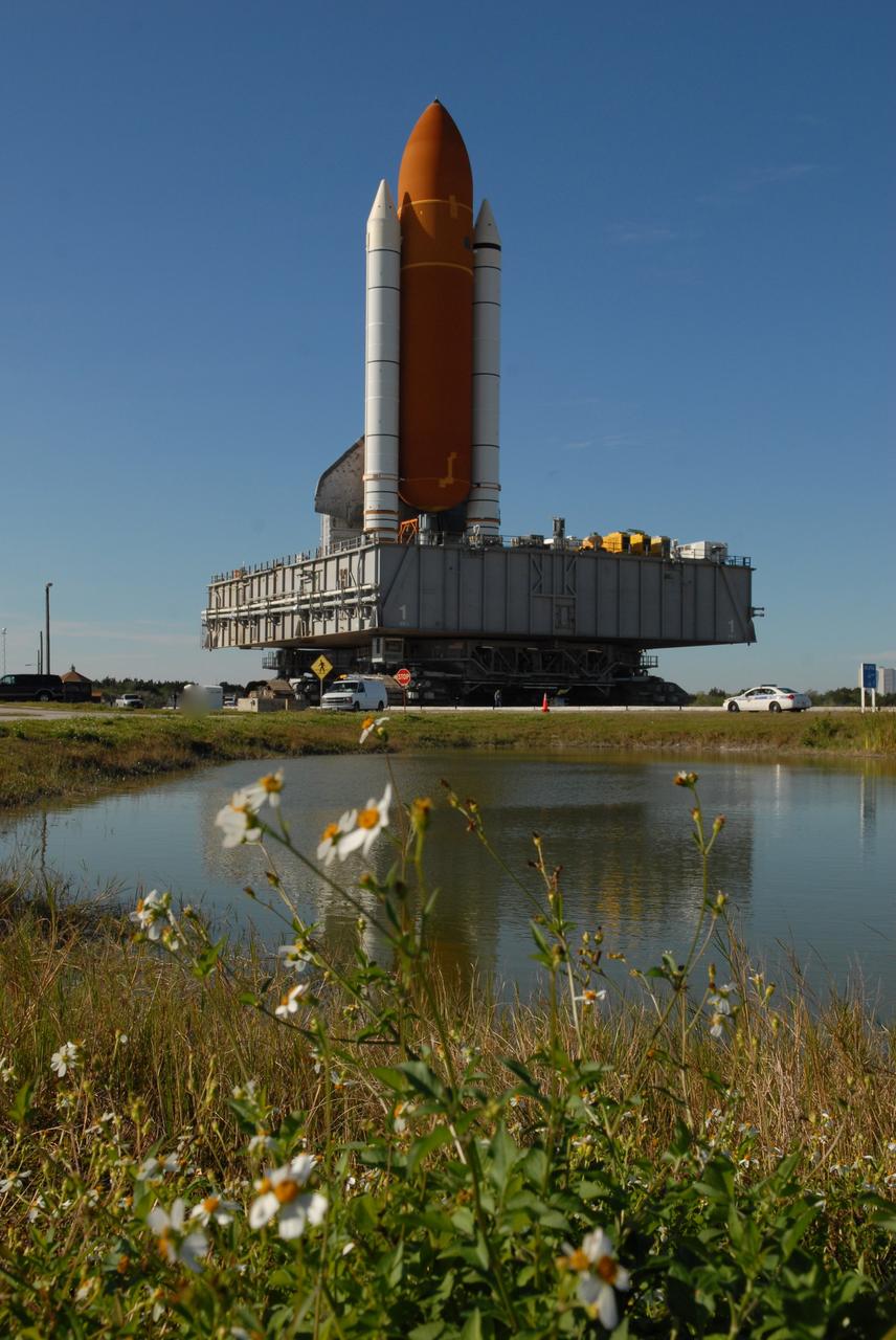CAPE CANAVERAL, Fla. --  Space shuttle Discovery, atop the mobile launcher platform, wends its way past a wildflower-edged canal on the slow 3.4-mile journey to Launch Pad 39A at NASA's Kennedy Space Center in Florida.  First motion out of the Vehicle Assembly Building was at 5:17 a.m. EST.  Discovery was secured to the pad at 12:16 p.m.  Discovery is targeted to launch to the International Space Station Feb. 12. During Discovery's 14-day mission, the crew will install the S6 truss segment and its solar arrays to the starboard side of the station, completing the station's backbone, or truss, enabling a six-person crew to live there starting in May.  Photo credit: NASA/Troy Cryder