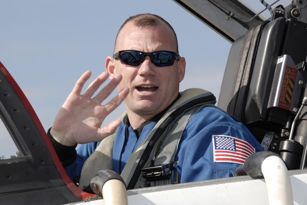 CAPE CANAVERAL, Fla. – STS-119 Pilot Tony Antonelli arrives at NASA's Kennedy Space Center in Florida on a T-38 jet training aircraft. The crew flew to Kennedy to take part in terminal countdown demonstration test activities, which include equipment familiarization and emergency exit training and culminate in a simulated launch countdown. Photo credit: NASA/Kim Shiflett