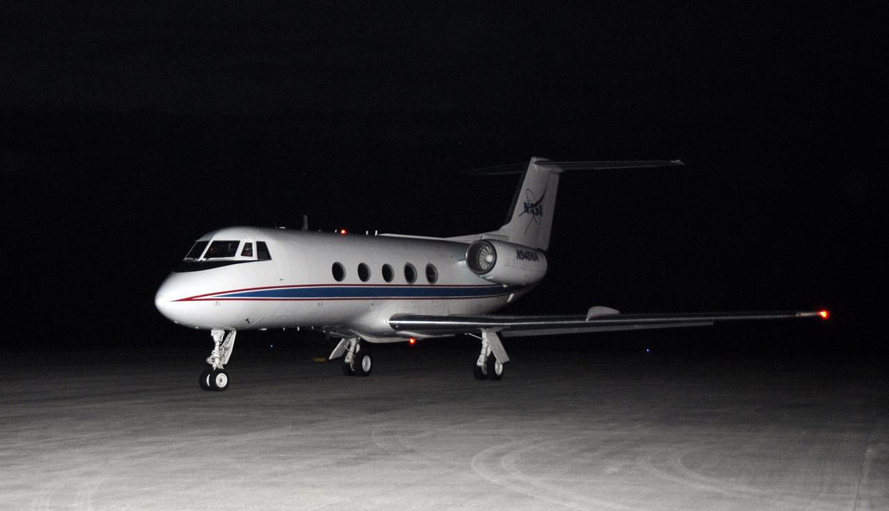 CAPE CANAVERAL, Fla. – On the Shuttle Landing Facility at NASA's Kennedy Space Center in Florida, a shuttle training aircraft is ready for takeoff.  STS-119 Commander Lee Archambault and Pilot Tony Antonelli are practicing shuttle landings as part of the Terminal Countdown Demonstration Test activities. The TCDT includes equipment familiarization and a simulated launch countdown. The STA is a Grumman American Aviation-built Gulf Stream II jet that was modified to simulate a shuttle’s cockpit, motion and visual cues, and handling qualities. In flight, the aircraft duplicates the shuttle’s atmospheric descent trajectory from approximately 35,000 feet to landing. The crew of space shuttle Discovery is targeted to launch on the STS-119 mission Feb. 12. During Discovery's 14-day mission, the crew will install the S6 truss segment and solar arrays to the starboard side of the International Space Station, completing the station's truss, or backbone.   Photo credit: NASA/Kim Shiflett