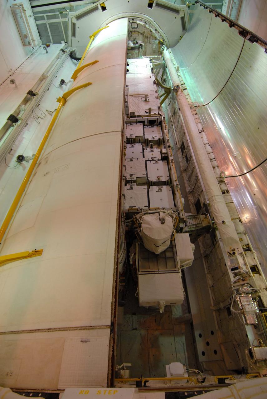 CAPE CANAVERAL, Fla. –  On Launch Pad 39A at NASA's Kennedy Space Center in Florida, one of space shuttle Discovery's payload bay doors has been closed.  The cargo inside consists of the integrated truss structure S6 and solar arrays for the STS-119 mission to the International Space Station. During Discovery's 14-day mission, the shuttle's seven astronauts will install the S6 truss to the starboard side of the space station, completing the station's truss, or backbone. Launch of Discovery on the STS-119 mission is targeted for Feb. 12.  Photo credit: NASA/Dimitri Gerondidakis