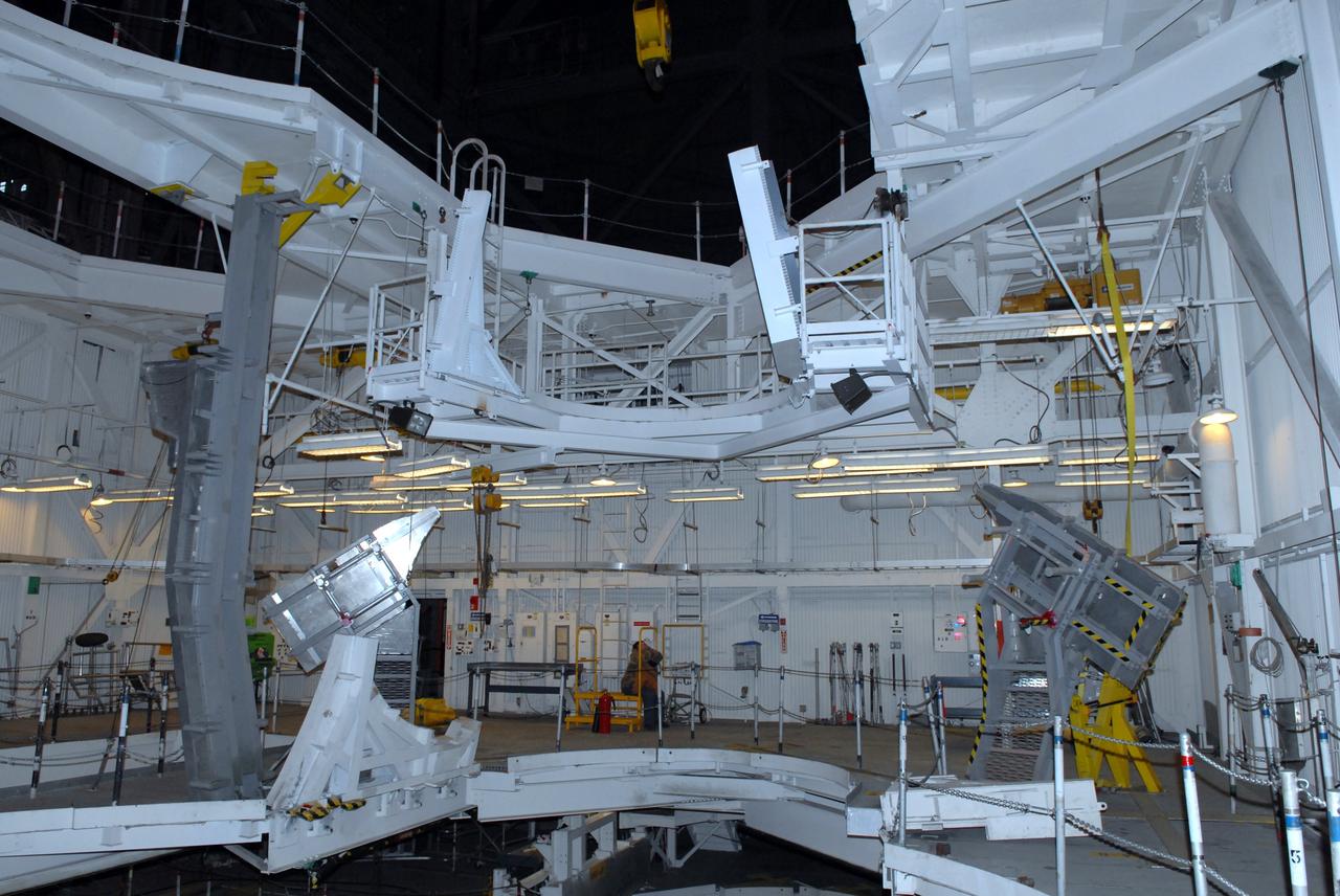 CAPE CANAVERAL, Fla. –   In the Vehicle Assembly Building at NASA's Kennedy Space Center in Florida, this platform will be removed from high bay 3 as part of the refurbishment of the facility for the Constellation Program's Ares 1-X vehicle. The Ares I and Ares V rockets will be more than 325 feet tall, considerably taller than the space shuttle atop its mobile launcher platform. Photo credit: NASA/Jack Pfaller