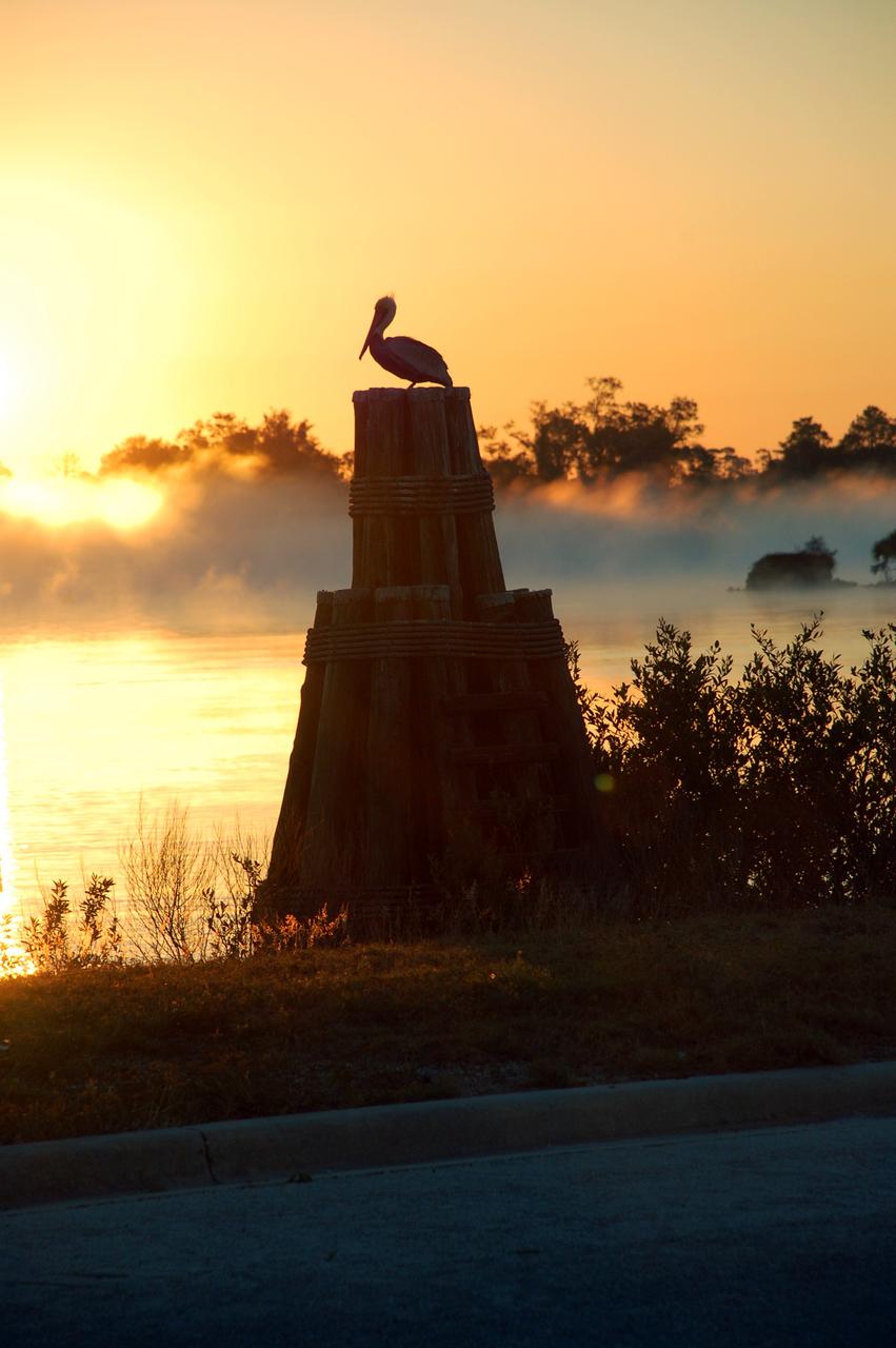 CAPE CANAVERAL, Fla. – The sun rising over the Launch Complex 39 Area turn basin at NASA's Kennedy Space Center in Florida casts a brilliant flame in the water.  At right is the U.S. flag on the grounds of the NASA News Center. Kennedy is surrounded by water: the Banana River, Banana Creek, Indian River Lagoon and the Atlantic Ocean, all of which provide scenes of beauty and nature that contrast with the high technology and power of the center.  Photo credit: NASA/Ben Smegelsky