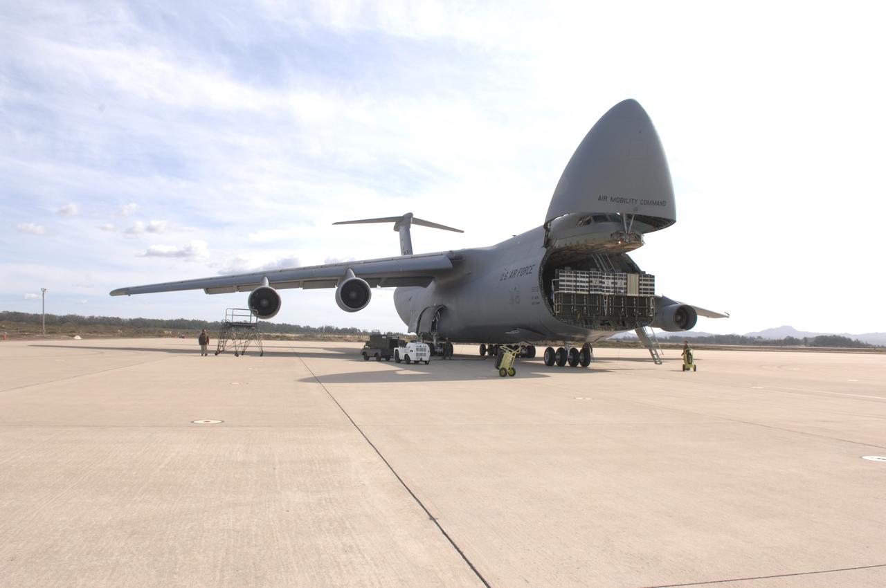 VANDENBERG AIR FORCE BASE, Calif. –  The latest polar-orbiting operational environmental weather satellite developed by NASA for the National Oceanic and Atmospheric Administration, called NOAA-N Prime, arrived by C-5A military cargo aircraft at Vandenberg Air Force Base, Calif., in preparation for a Feb. 4 launch. NOAA-N Prime, built by Lockheed Martin, is similar to NOAA-N launched on May 20, 2005.