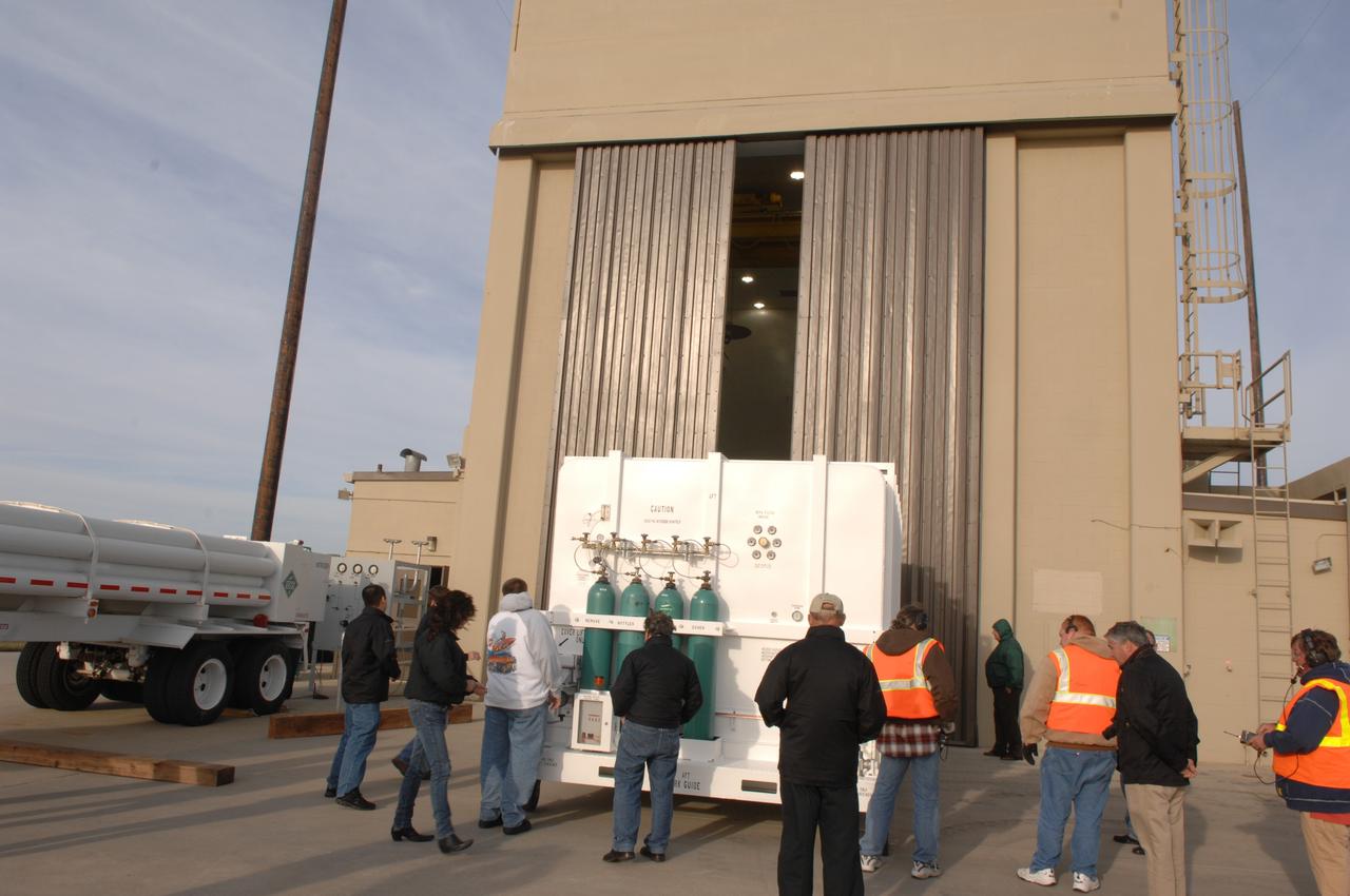 VANDENBERG AIR FORCE BASE, Calif.  –   The latest polar-orbiting operational environmental weather satellite developed by NASA for the National Oceanic and Atmospheric Administration, called NOAA-N Prime, is moved into a NASA payload processing facility to be prepared for a Feb. 4 launch. NOAA-N Prime, built by Lockheed Martin, is similar to NOAA-N launched on May 20, 2005.