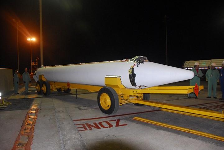 VANDENBERG AIR FORCE BASE, Calif. –   A solid rocket booster arrives on Space Launch Complex 2 at Vandenberg Air Force Base in California.  The booster will be lifted into the service tower and installed on the Delta II rocket for the NOAA-N Prime satellite.  NOAA-N Prime is the latest polar-orbiting operational environmental weather satellite developed by NASA for the National Oceanic and Atmospheric Administration.  It is built by Lockheed Martin and similar to NOAA-N launched on May 20, 2005. Launch of NOAA-N Prime is scheduled for Feb. 4.   Photo credit: NASA/Joe Davila, VAFB
