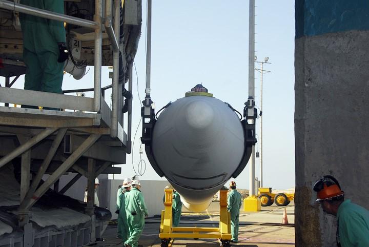 VANDENBERG AIR FORCE BASE, Calif. –  Another solid rocket booster arrives on Space Launch Complex 2 at Vandenberg Air Force Base in California.  The booster will be lifted into the service tower and installed on the Delta II rocket for the NOAA-N Prime satellite. NOAA-N Prime is the latest polar-orbiting operational environmental weather satellite developed by NASA for the National Oceanic and Atmospheric Administration.  It is built by Lockheed Martin and similar to NOAA-N launched on May 20, 2005. Launch of NOAA-N Prime is scheduled for Feb. 4.   Photo credit: NASA/Joe Davila, VAFB