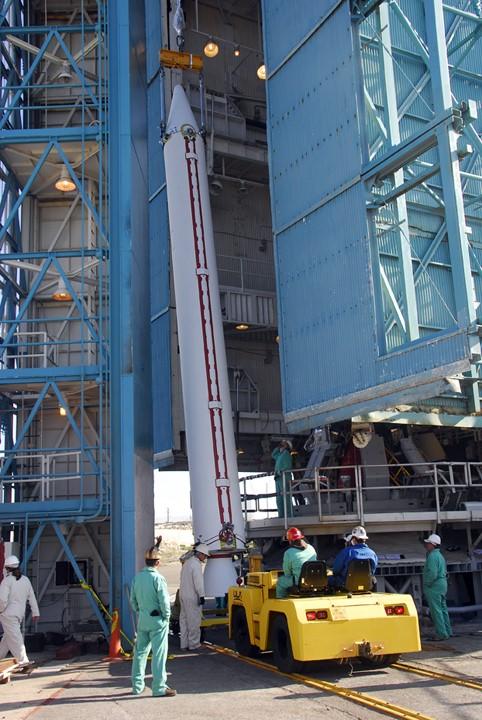 VANDENBERG AIR FORCE BASE, Calif. –    On Space Launch Complex 2 at Vandenberg Air Force Base in California, another solid rocket booster is raised to vertical for installation on the Delta II rocket for the NOAA-N Prime satellite.  NOAA-N Prime is the latest polar-orbiting operational environmental weather satellite developed by NASA for the National Oceanic and Atmospheric Administration.  It is built by Lockheed Martin and similar to NOAA-N launched on May 20, 2005. Launch of NOAA-N Prime is scheduled for Feb. 4.   Photo credit: NASA/Joe Davila, VAFB