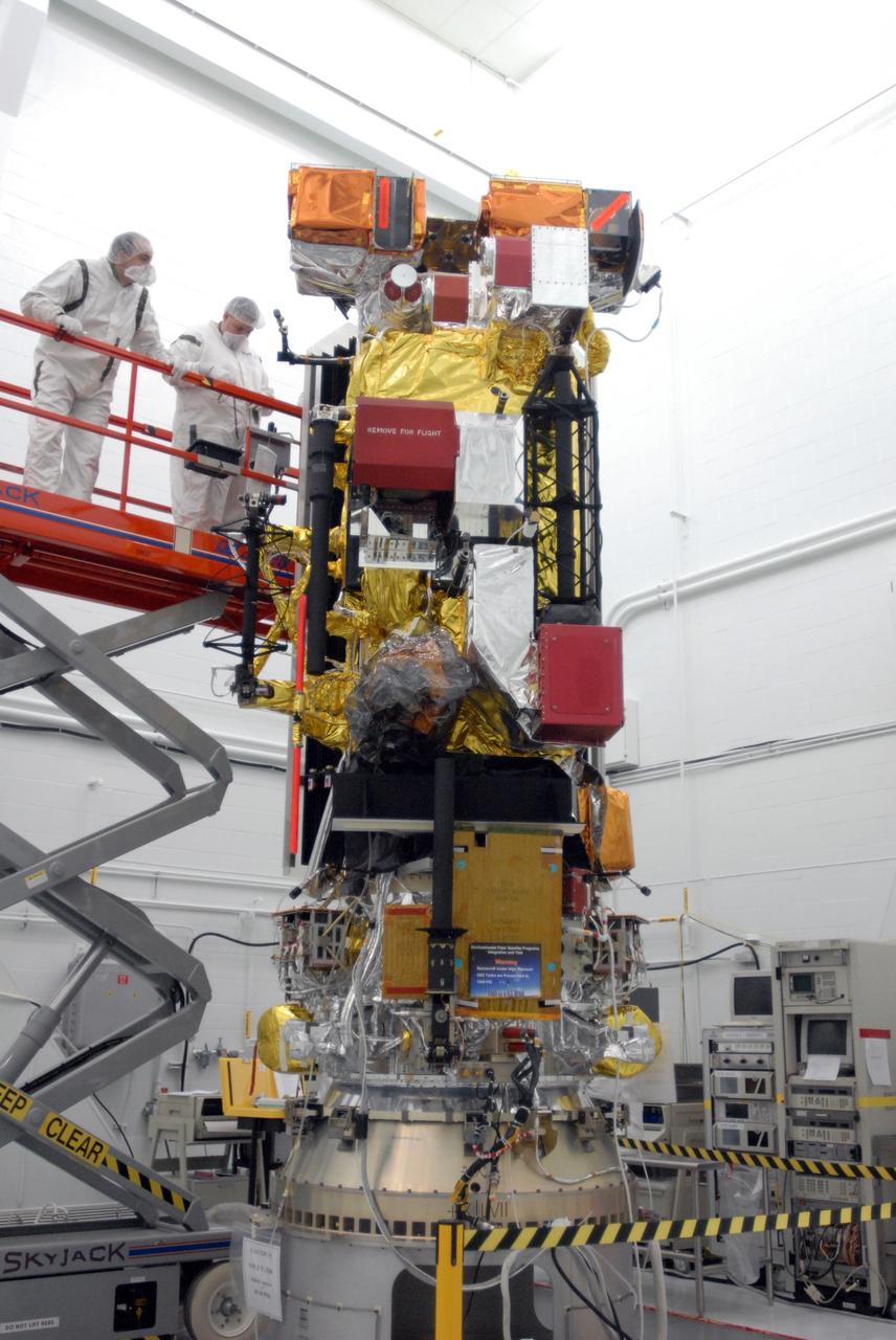 VANDENBERG AIR FORCE BASE, Calif. –   Another view of the NOAA-N Prime satellite in the payload processing facility at Vandenberg Air Force Base in California. NOAA-N Prime is the latest polar-orbiting operational environmental weather satellite developed by NASA for the National Oceanic and Atmospheric Administration.  It is built by Lockheed Martin and similar to NOAA-N launched on May 20, 2005. Launch of NOAA-N Prime is scheduled for Feb. 4.   Photo credit: NASA/Joe Davila, VAFB