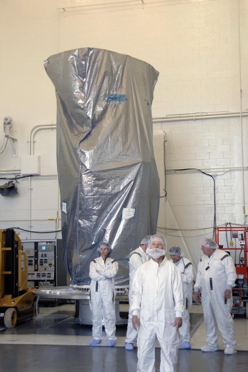 VANDENBERG AIR FORCE BASE, Calif. --   In Bldg. 1610 at Vandenberg Air Force Base in California, the NOAA-N Prime spacecraft is waiting for a transportation canister to be placed around it. NOAA-N Prime is the latest polar-orbiting operational environmental weather satellite developed by NASA for the National Oceanic and Atmospheric Administration.  The satellite is scheduled to launch Feb. 4 aboard a Delta II rocket from Vandenberg Air Force Base. Photo credit: NASA/ Daniel Liberotti, VAFB