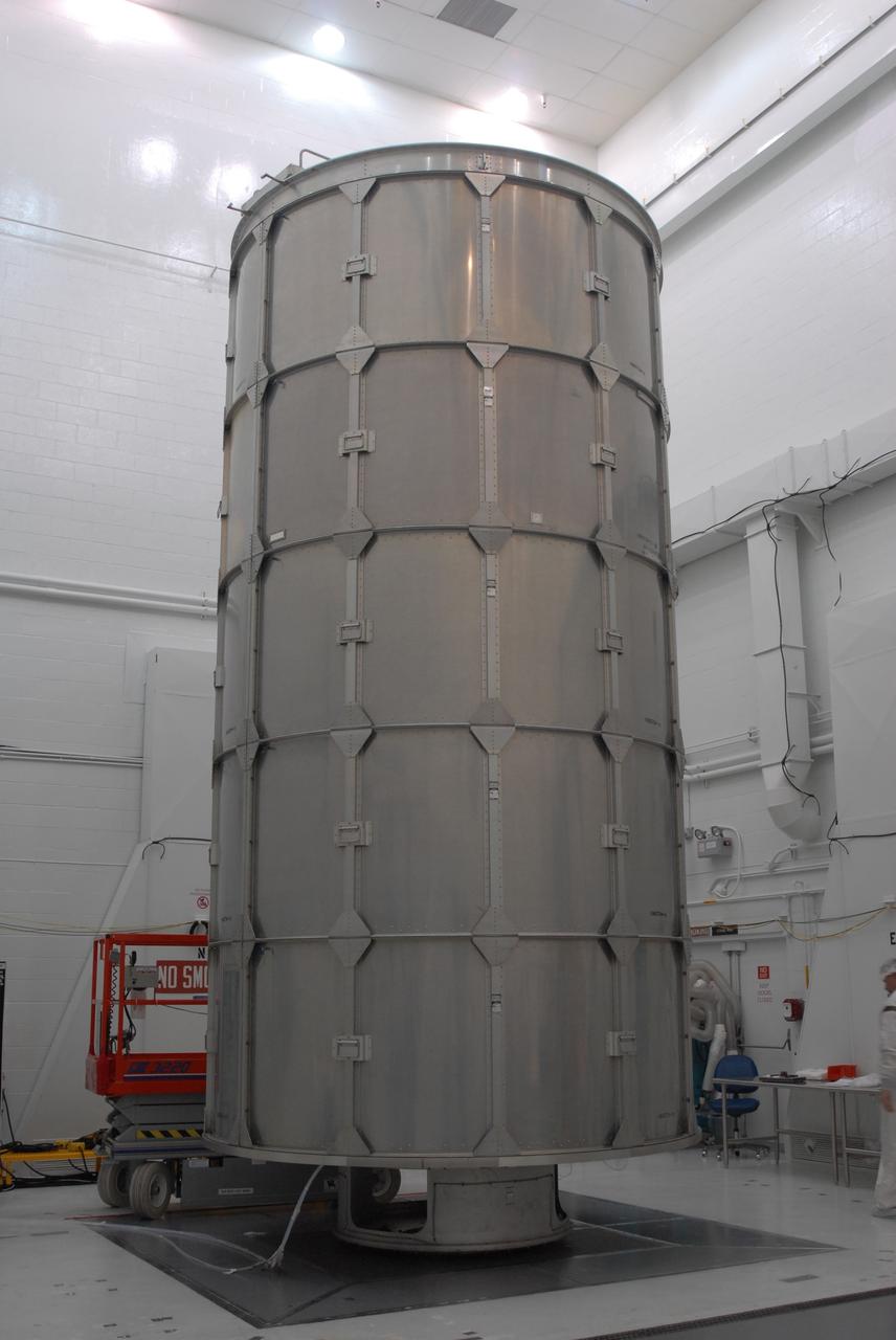 VANDENBERG AIR FORCE BASE, Calif. --  In Bldg. 1610 at Vandenberg Air Force Base in California, the NOAA-N Prime spacecraft is encased inside a transportation canister. NOAA-N Prime is the latest polar-orbiting operational environmental weather satellite developed by NASA for the National Oceanic and Atmospheric Administration.  The satellite is scheduled to launch Feb. 4 aboard a Delta II rocket from Vandenberg Air Force Base. Photo credit: NASA/ Daniel Liberotti, VAFB