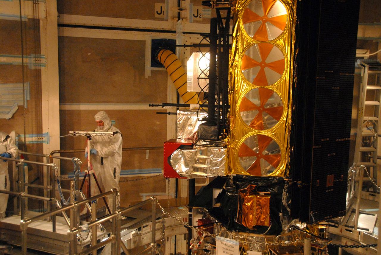 VANDENBERG AIR FORCE BASE, Calif. --    At Space Launch Complex 2 at Vandenberg Air Force Base in California, the NOAA-N Prime spacecraft is set up for an RF and other tests.  NOAA-N Prime is the latest polar-orbiting operational environmental weather satellite developed by NASA for the National Oceanic and Atmospheric Administration.  The satellite is scheduled to launch Feb. 4 aboard a Delta II rocket from Vandenberg Air Force Base. Photo credit: NASA/ Daniel Liberotti, VAFB