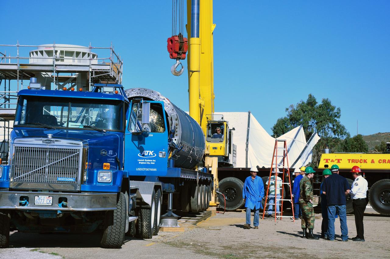 VANDENBERG AIR FORCE BASE, Calif. -- Stage 0  of the Taurus XL launch vehicle for the Orbiting Carbon Observatory arrives at complex 576E at Vandenberg Air Force Base in California.  It will be mated with stages 1, 2 and 3 for the launch of OCO. The OCO is a new Earth-orbiting mission sponsored by NASA's Earth System Science Pathfinder Program. It is scheduled to launch Feb. 23. Photo credit: NASA/Randy Beaudoin, VAFB