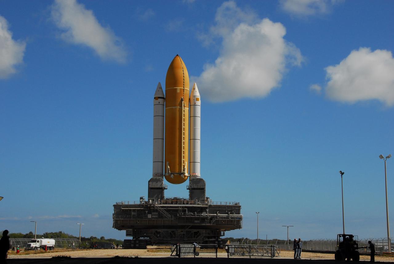 CAPE CANAVERAL, Fla. –  Space shuttle Atlantis' external fuel tank-solid rocket booster stack, atop a mobile launcher platform, presents an unusual sight – without the shuttle – as it is transferred from high bay 1 to high bay 3 in the Vehicle Assembly Building at NASA's Kennedy Space Center. It is being moved to high bay 3 to make room for the ET-SRB stack for space shuttle Endeavour.  Atlantis is targeted for launch on the STS-125 mission on May 12 to service NASA's Hubble Space Telescope.  Endeavour will fly on the STS-127 mission to the International Space Station and bring the final segments for Japan's Kibo laboratory. Photo credit: NASA/Tim Jacobs