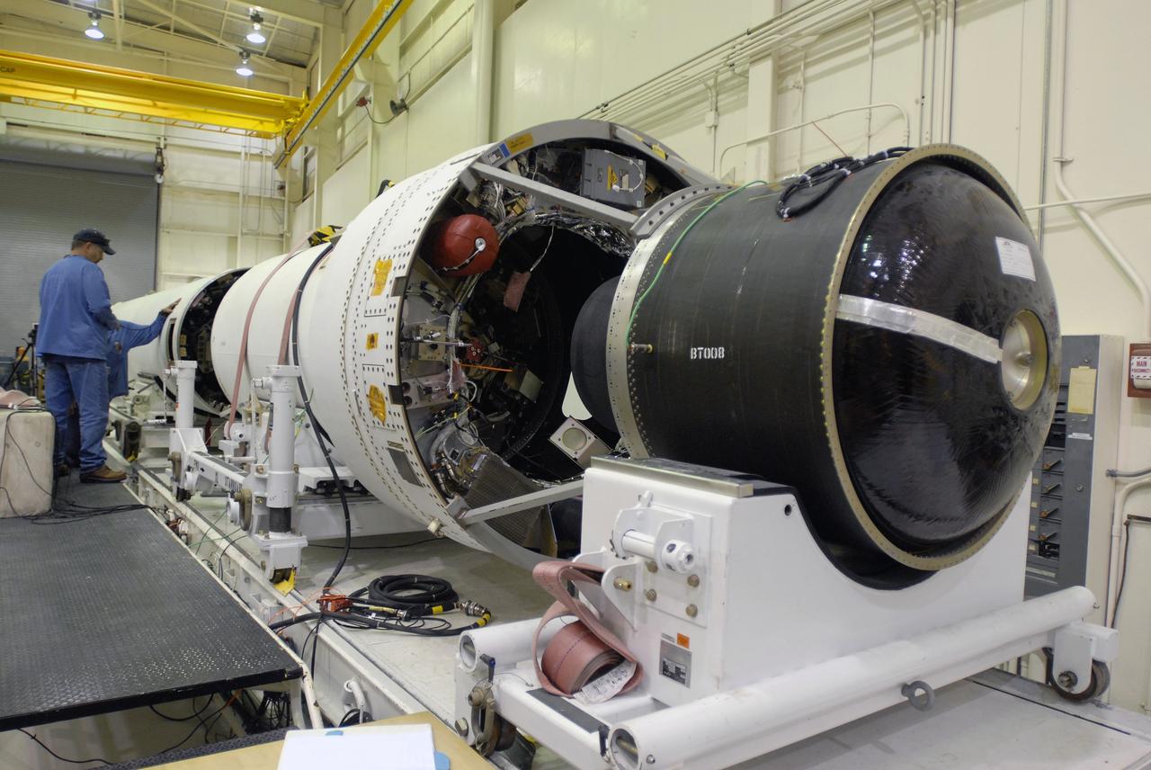 VANDENBERG AIR FORCE BASE, Calif. --In Space Launch Complex 576-E, Vandenberg Air Force Base in California, Stages 1 and 2 of the Taurus XL launch vehicle are being integrated for NASA's Orbiting Carbon Observatory, called OCO. OCO is a new Earth-orbiting mission sponsored by NASA's Earth System Science Pathfinder Program. The observatory is targeted to launch Feb. 23 from Space Launch Complex 576-E at Vandenberg. Photo credit: NASA/VAFB